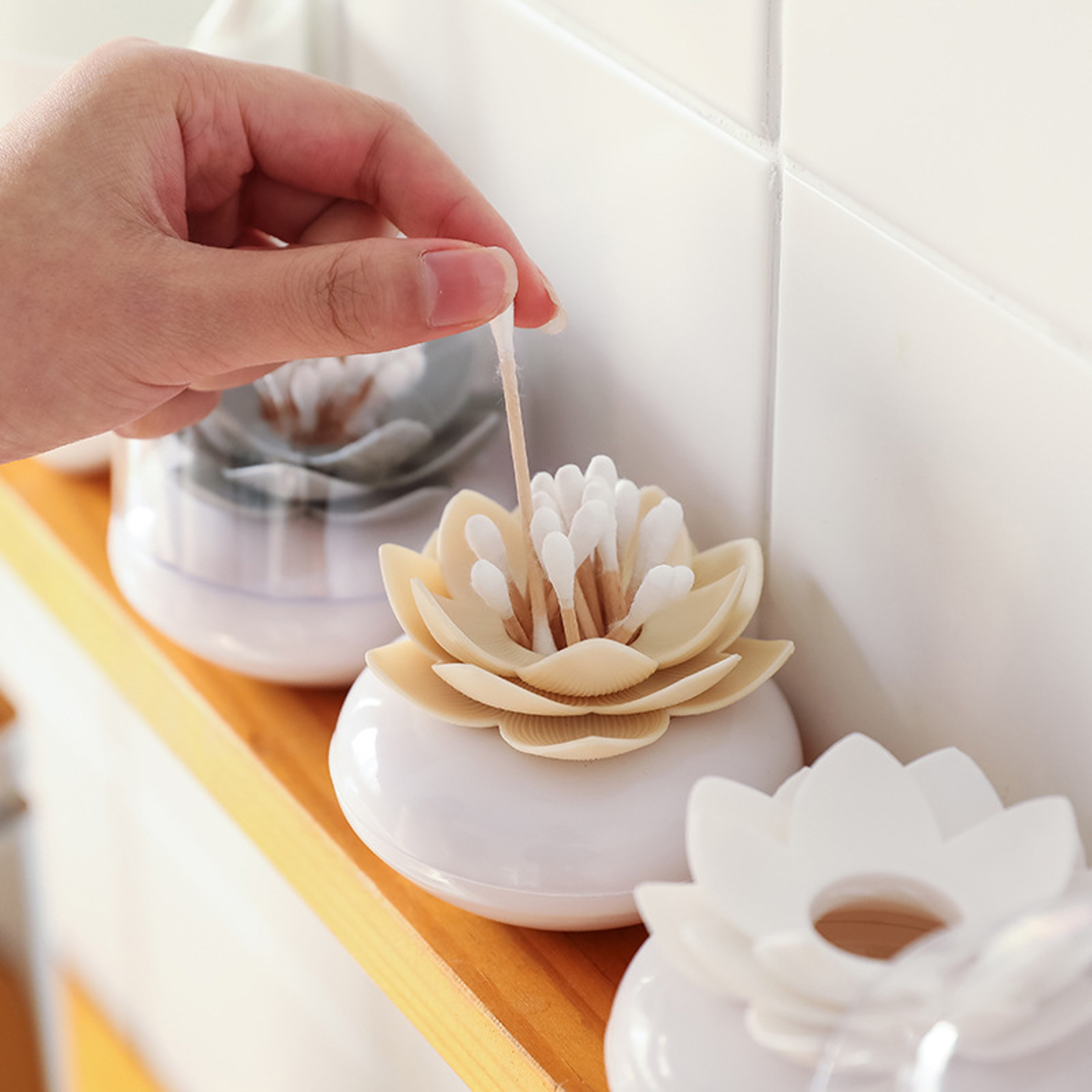 Lotus Shape Qtip Holder Cotton Swab Storage Box With Lid Multipurpose Toothpick Holder Bathroom Org 1