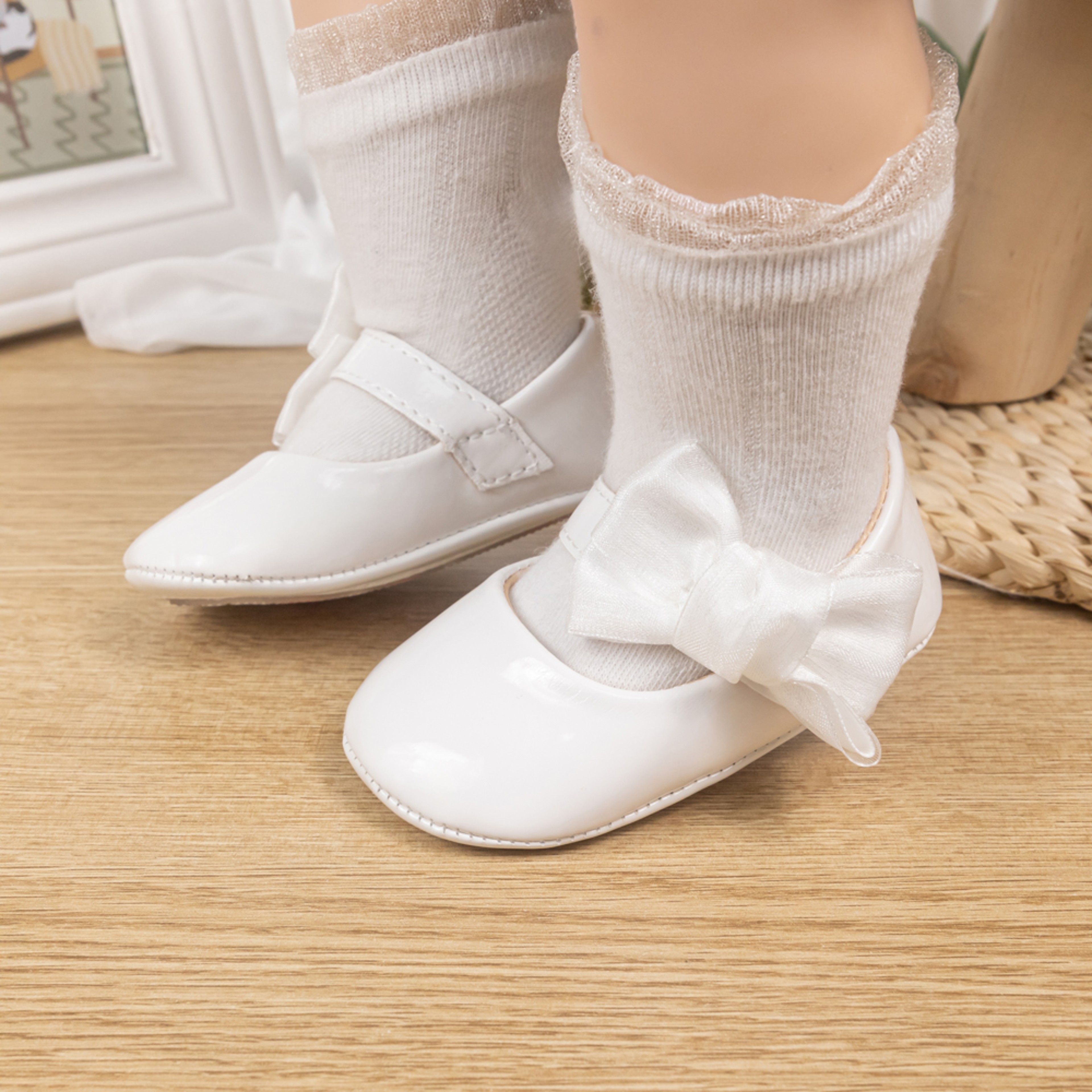 Breathable Newborn Baby Non-slip PU Walking Shoes, Soft Rubber Sole Baby Princess Shoes with British Bow Style – view 6