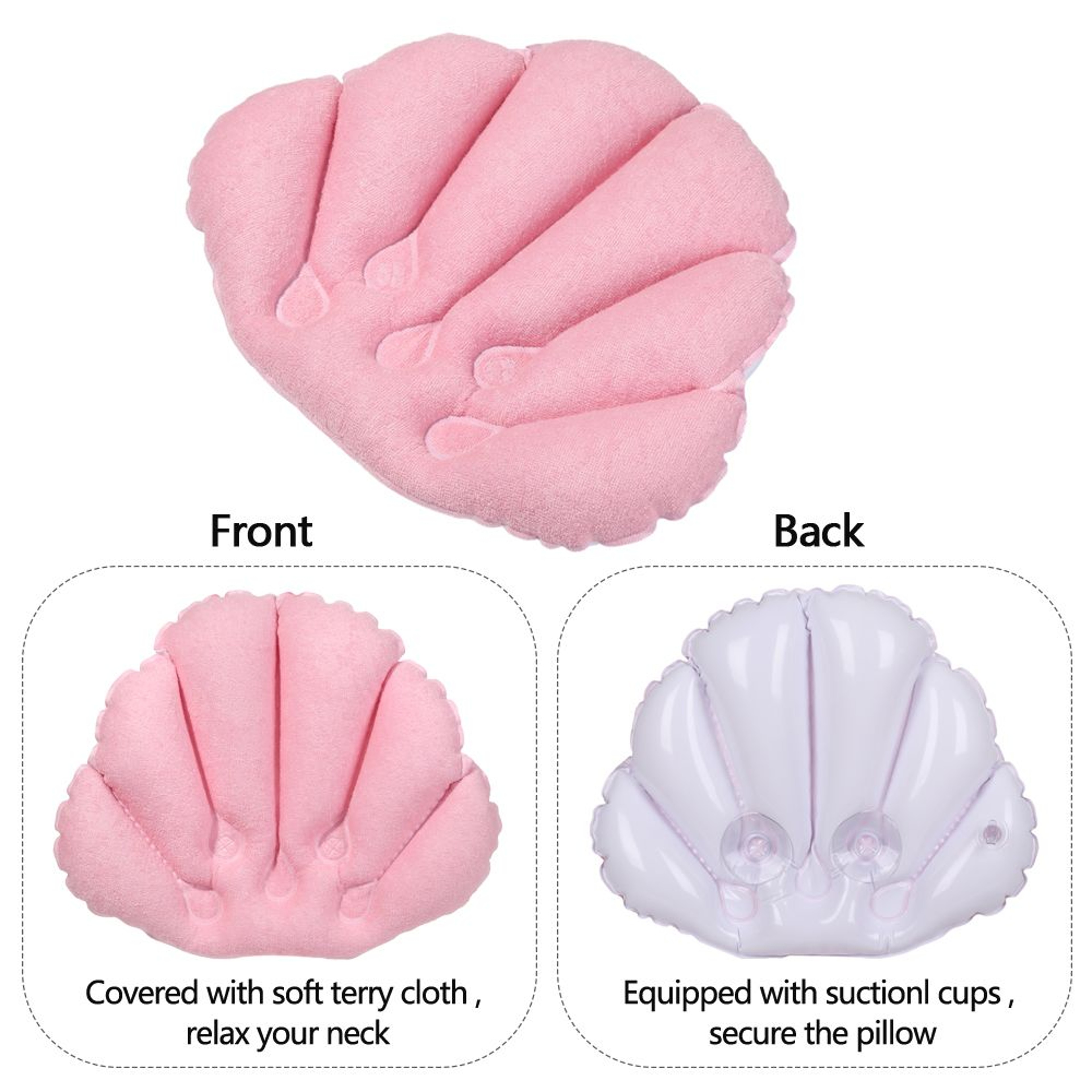 Inflatable Soft Spa Neck Bath Pillow With Suction Cups, Terry Cloth Fan-Shaped Neck Support Pillow Bathtub Cushion – view 4