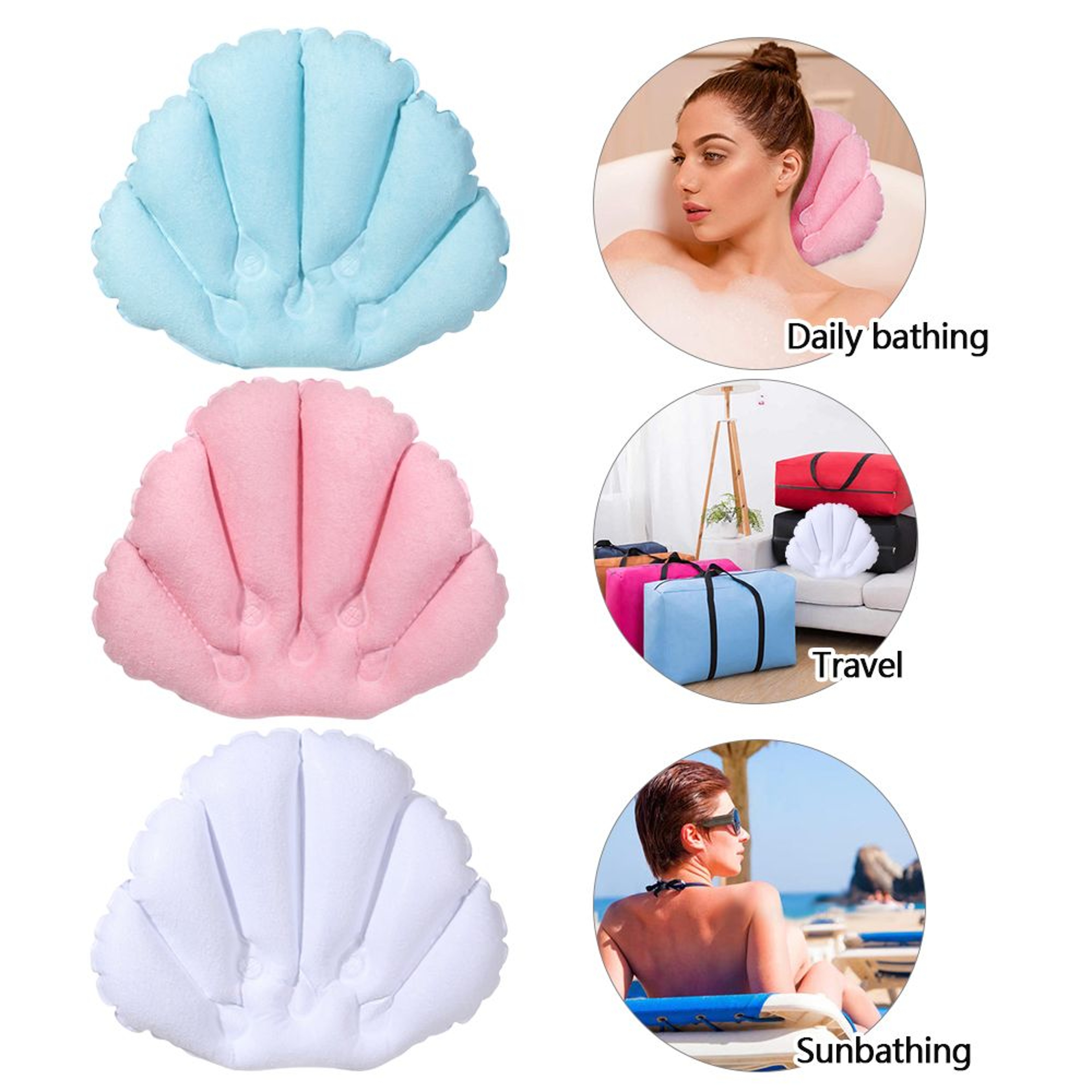 Inflatable Soft Spa Neck Bath Pillow With Suction Cups, Terry Cloth Fan-Shaped Neck Support Pillow Bathtub Cushion – view 6