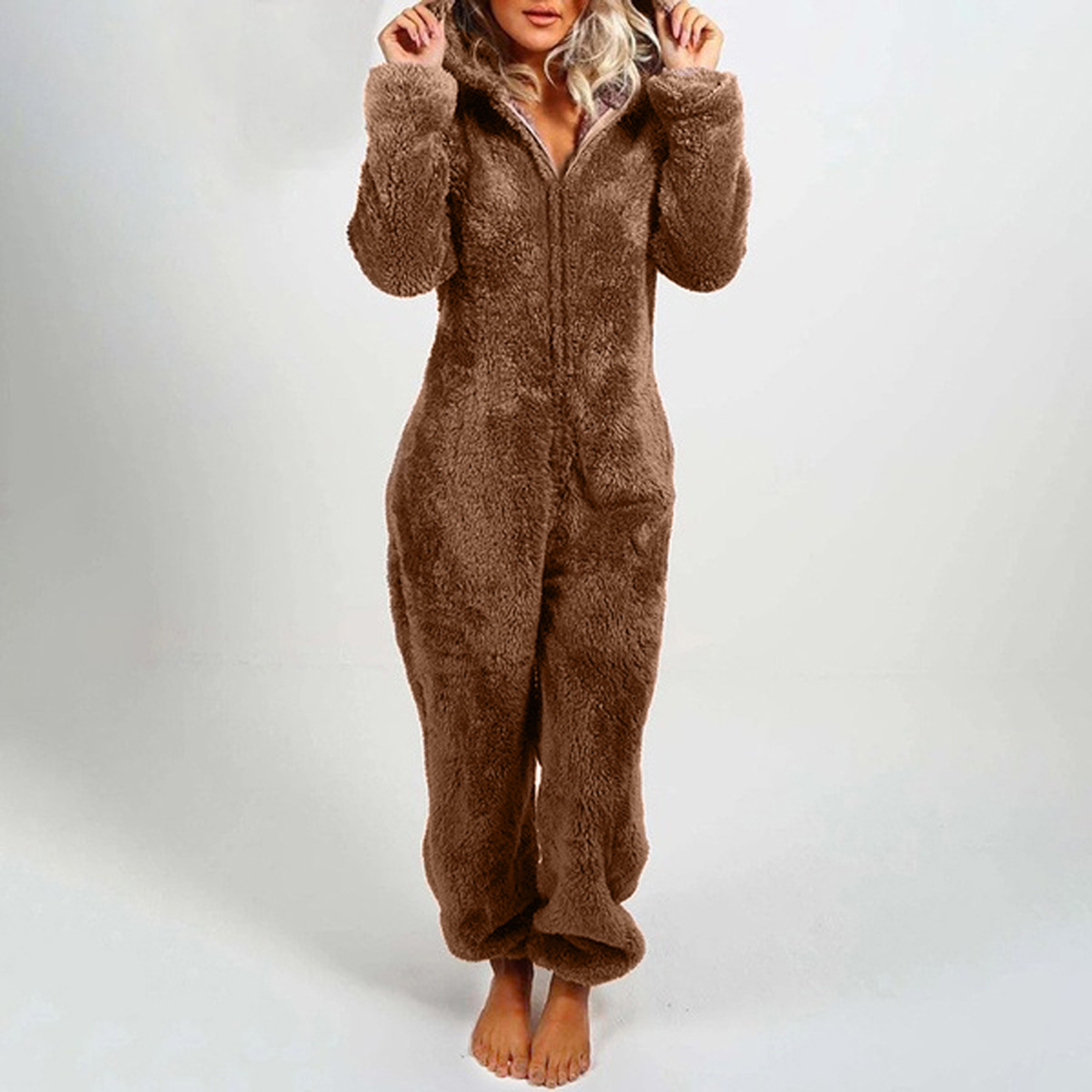 Cozy Womens Plush Romper Pajamas, Winter Flannel Sleepwear with Hat, Long Sleeve Zipper Homewear for Ultimate Warmth – view 1