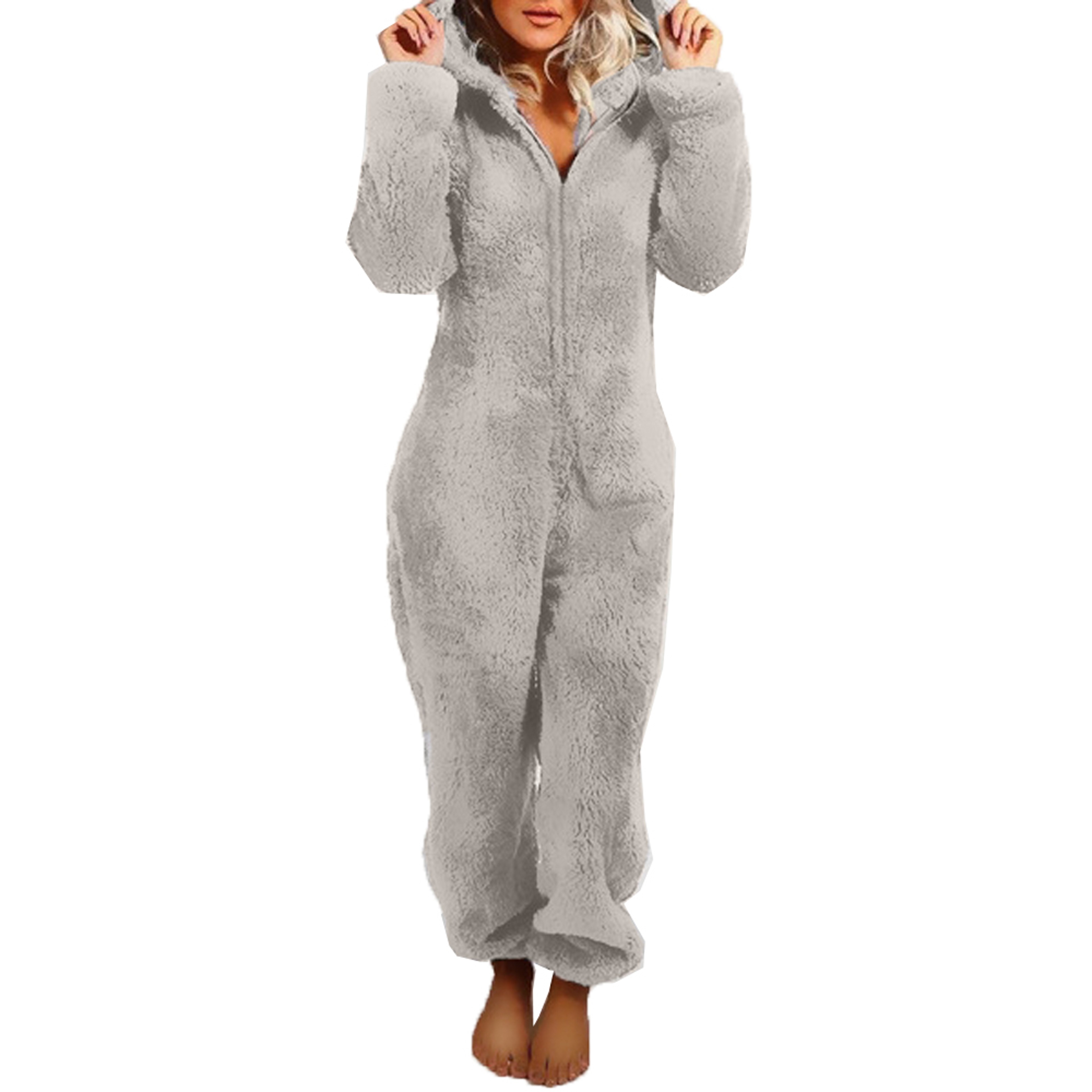 Cozy Womens Plush Romper Pajamas, Winter Flannel Sleepwear with Hat, Long Sleeve Zipper Homewear for Ultimate Warmth – view 11