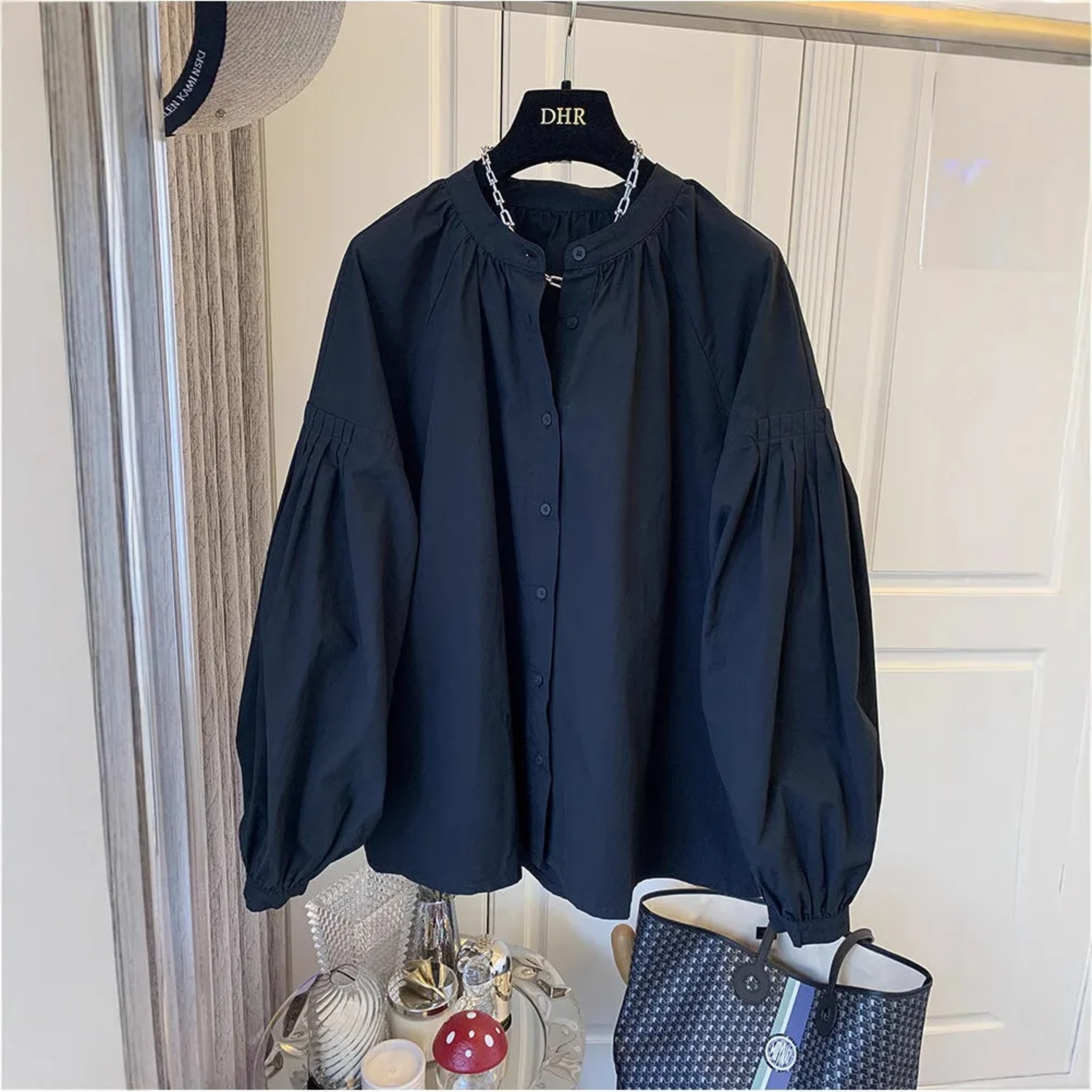 Chic Stand Collar Shirt, Women's Casual Loose Design Button Up Top with Retro Lantern Sleeves – view 3