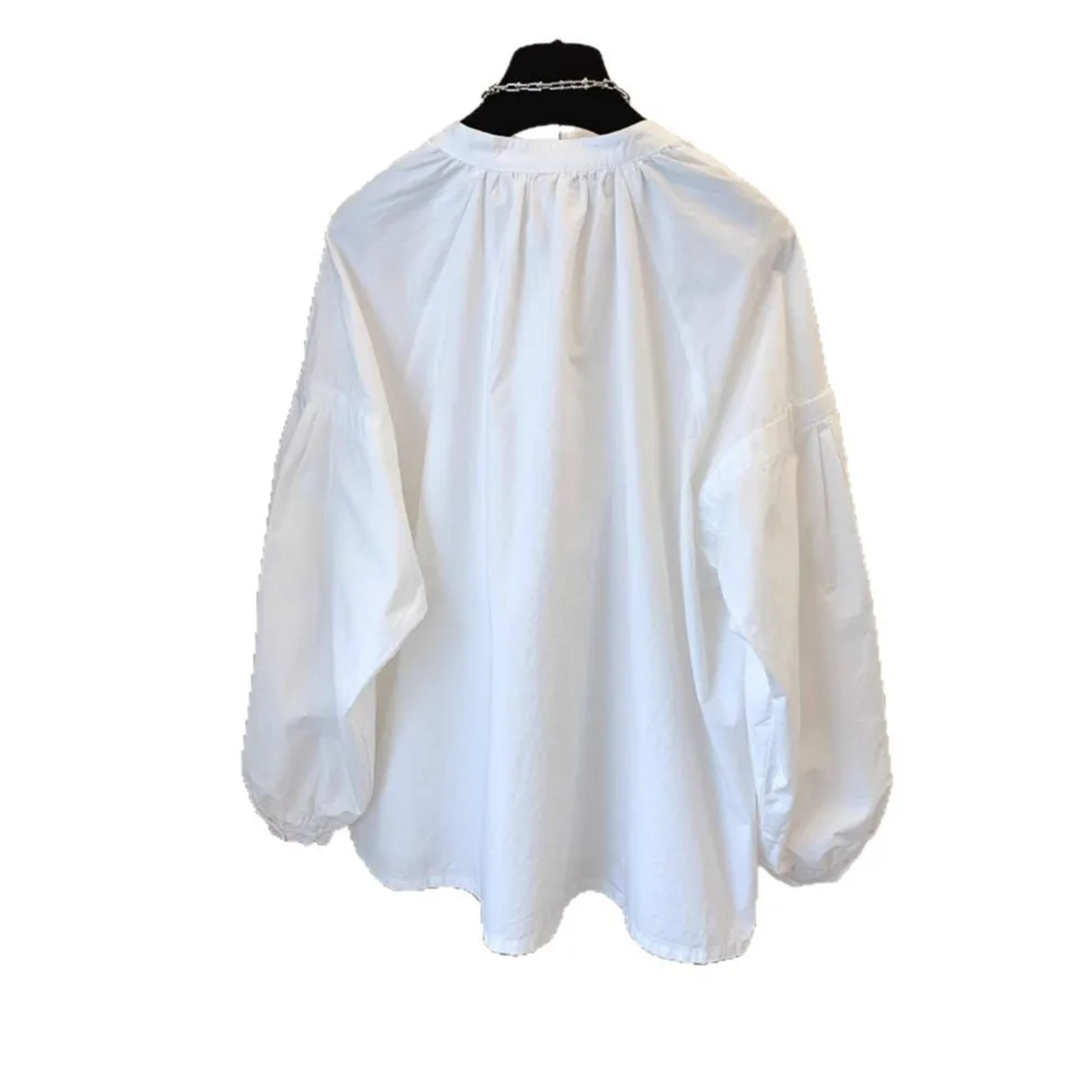 Chic Stand Collar Shirt, Women's Casual Loose Design Button Up Top with Retro Lantern Sleeves – view 5