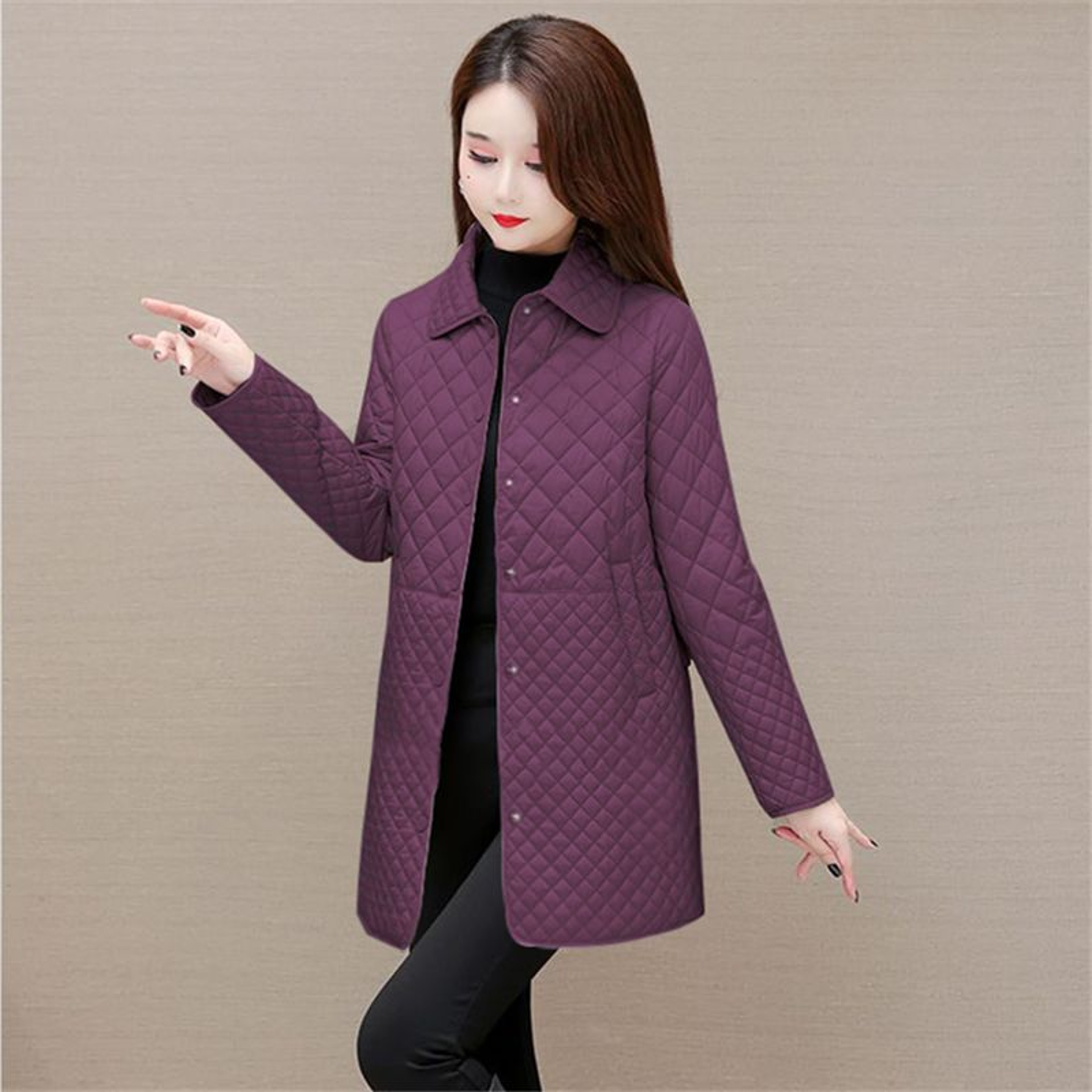 Fashion Plaid Quilted Coat, Women Autumn Winter Jacket, Solid Casual, Thicken Warm Long Sleeve Midi Coat – view 12