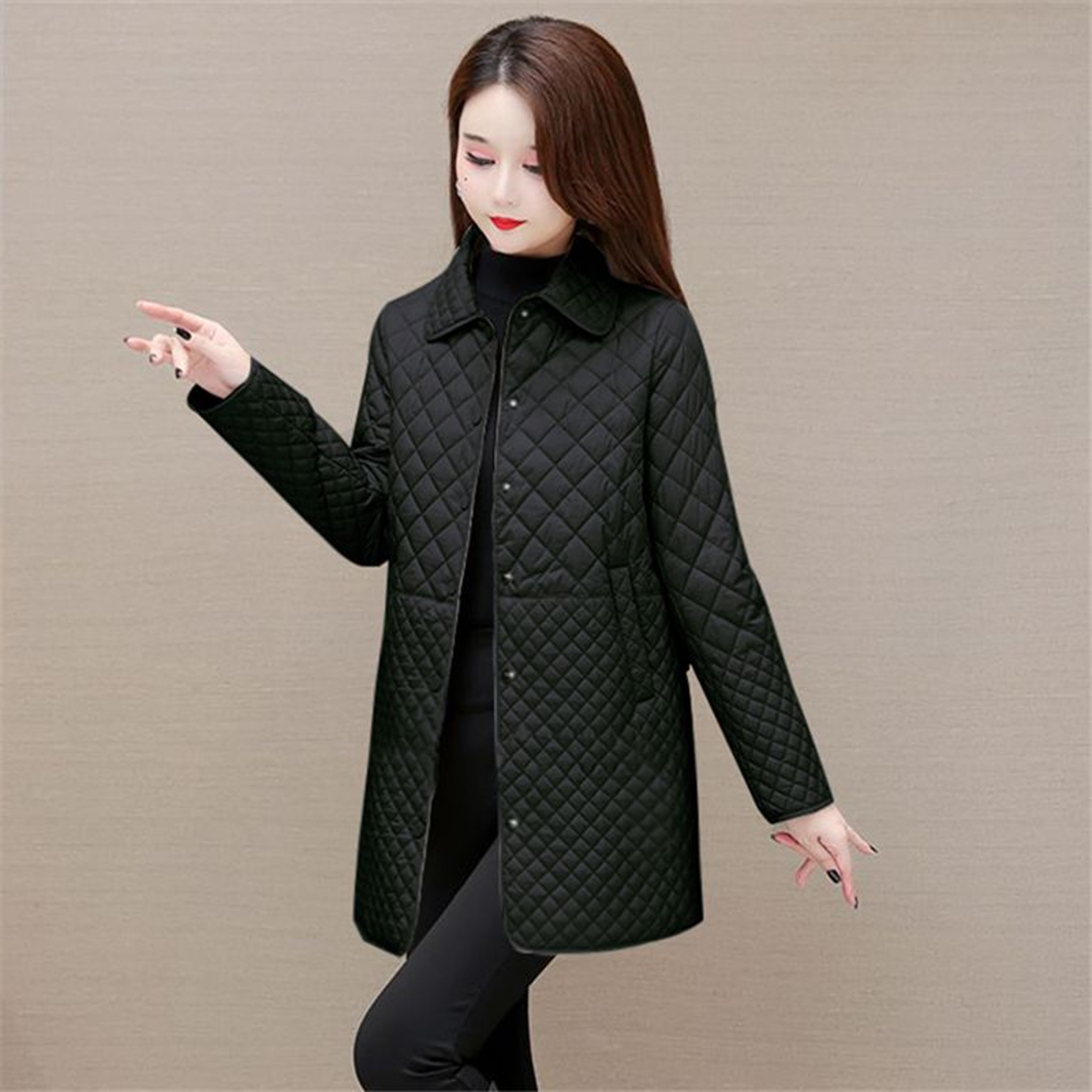 Fashion Plaid Quilted Coat, Women Autumn Winter Jacket, Solid Casual, Thicken Warm Long Sleeve Midi Coat – view 16