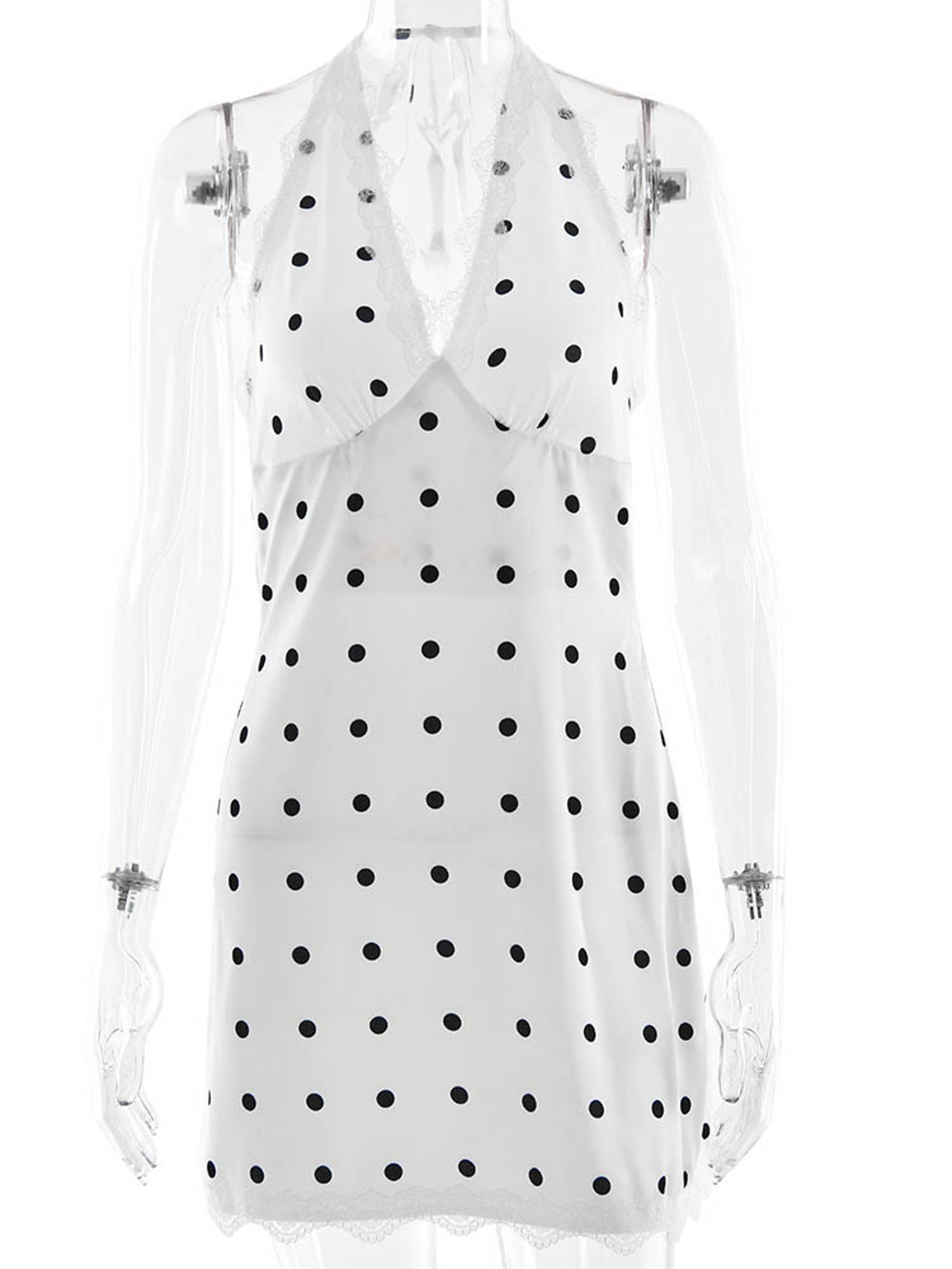 Womens White Polka Dot Dress, Sexy Deep V Neck Halter, Lace Print, Summer Party Clubwear, Slim Casual – view 6