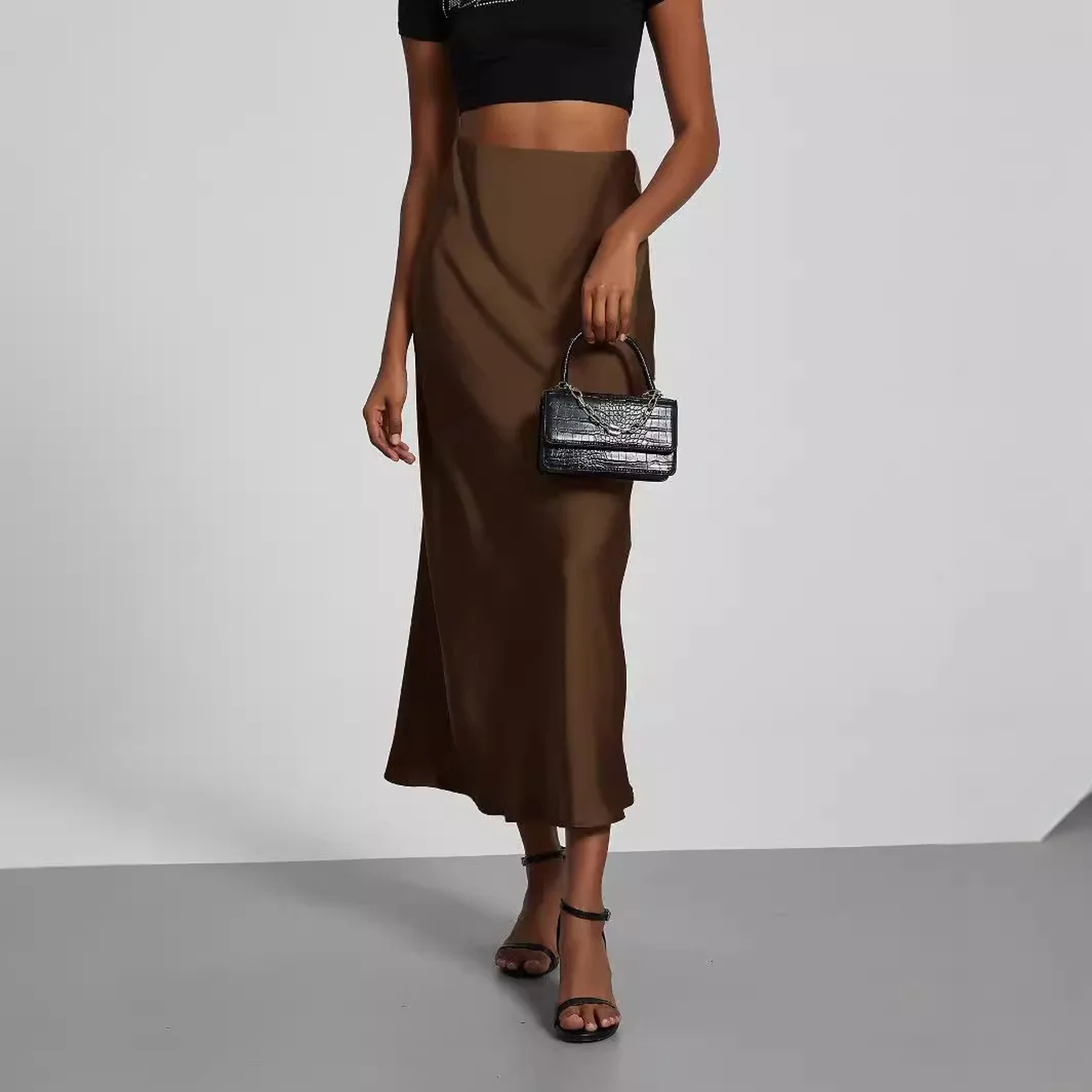 Elegant Satin Midi Skirt, Versatile Solid Color Long Dress, European Style with Bright Light Sensation – view 2