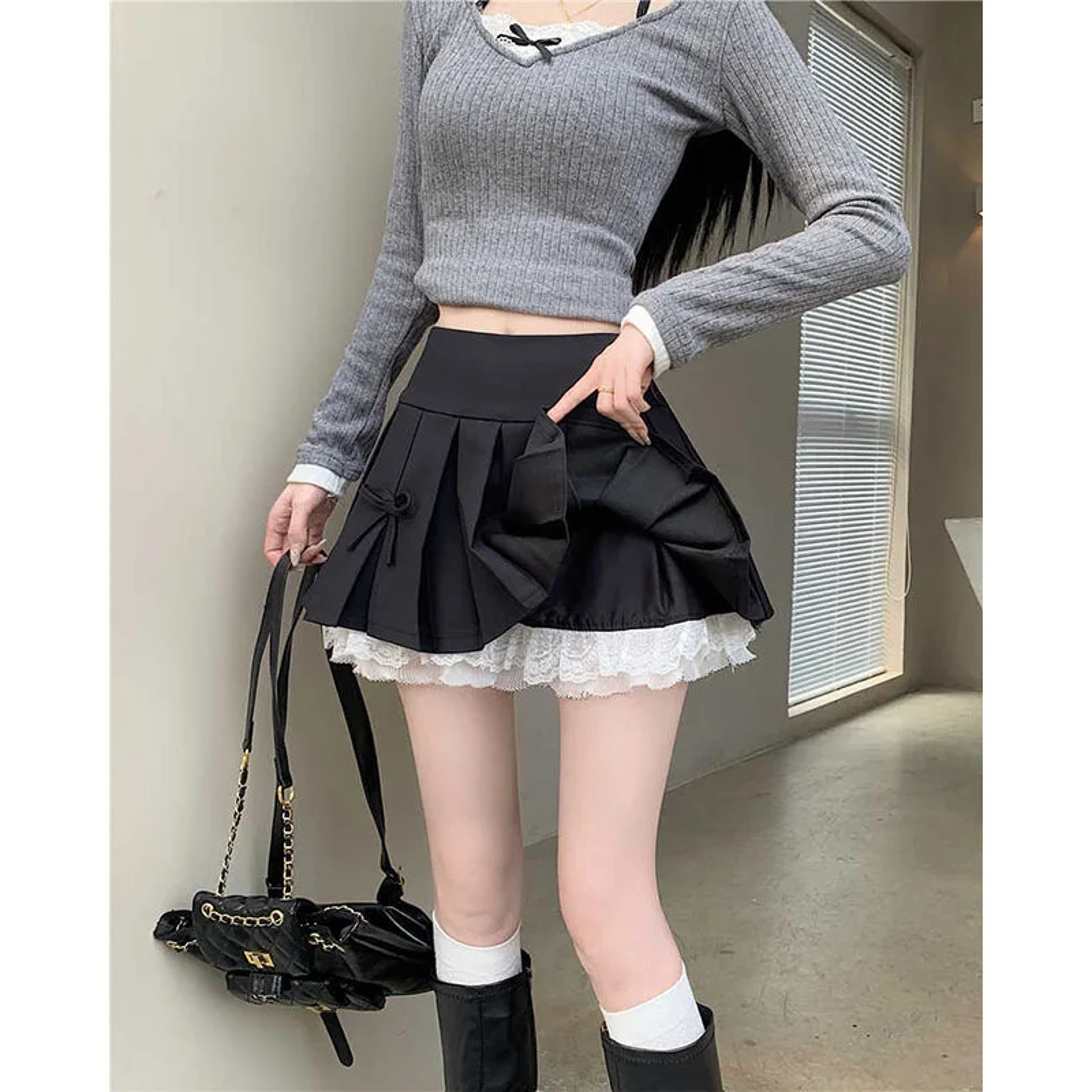 Pure Desire Aesthetic Skirt for Women, High Waisted, A Line Short Spring Skirt, with Lace Bow Trim and Pleats – view 3