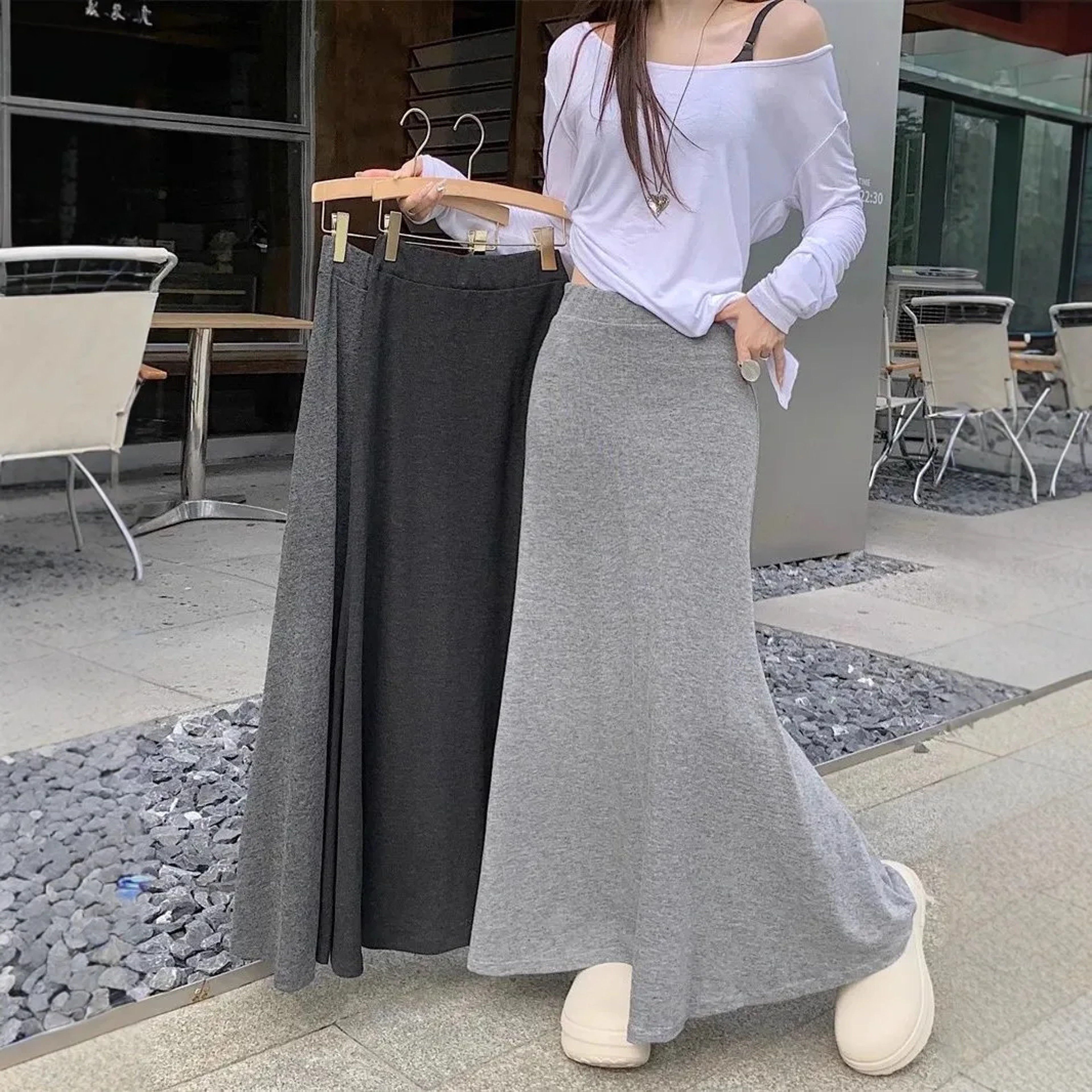 Spring Summer Casual Skirt, Laid Back Grey Elastic Waist, Slimming Long Skirt with Simple Drape Fish Tail – view 1