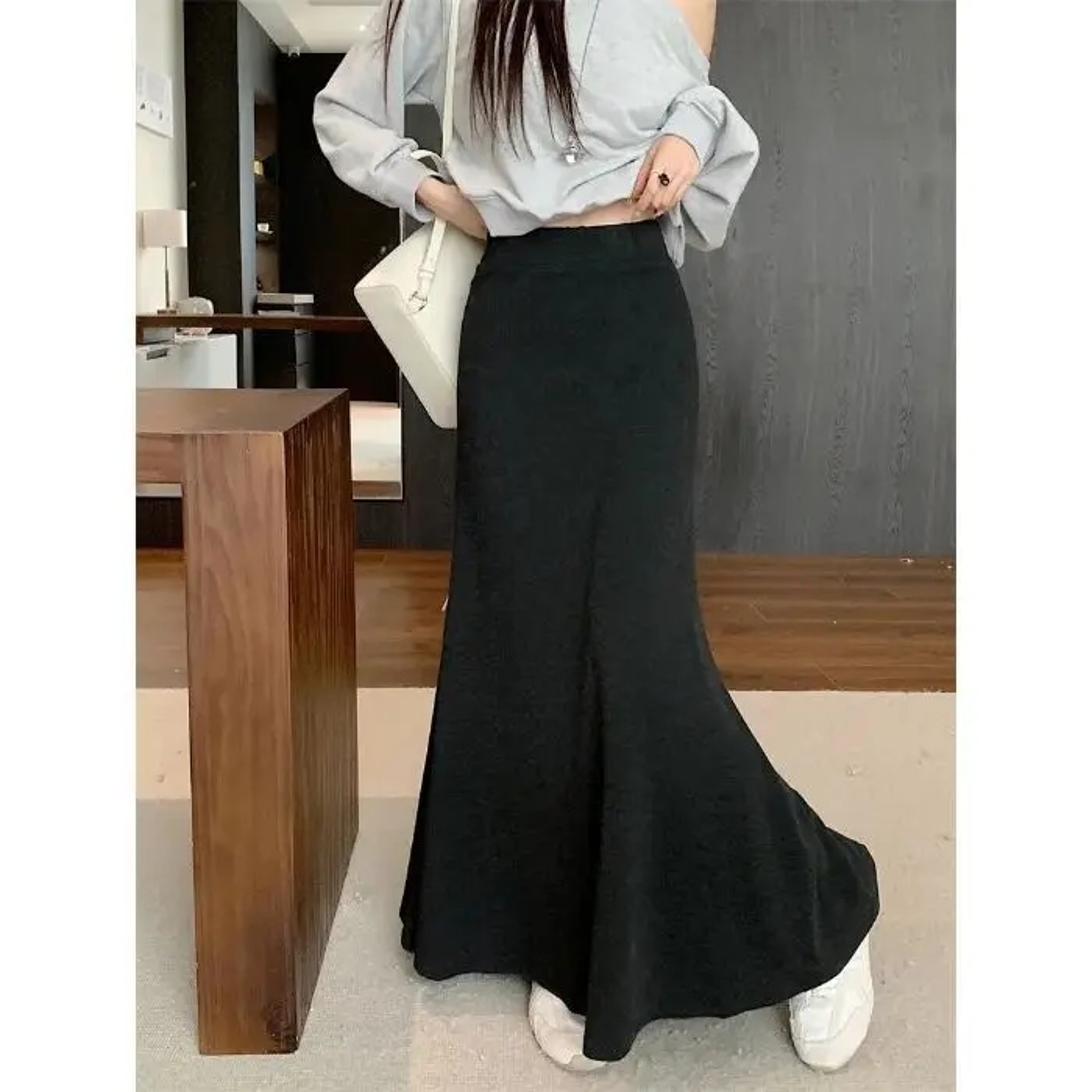Spring Summer Casual Skirt, Laid Back Grey Elastic Waist, Slimming Long Skirt with Simple Drape Fish Tail – view 6