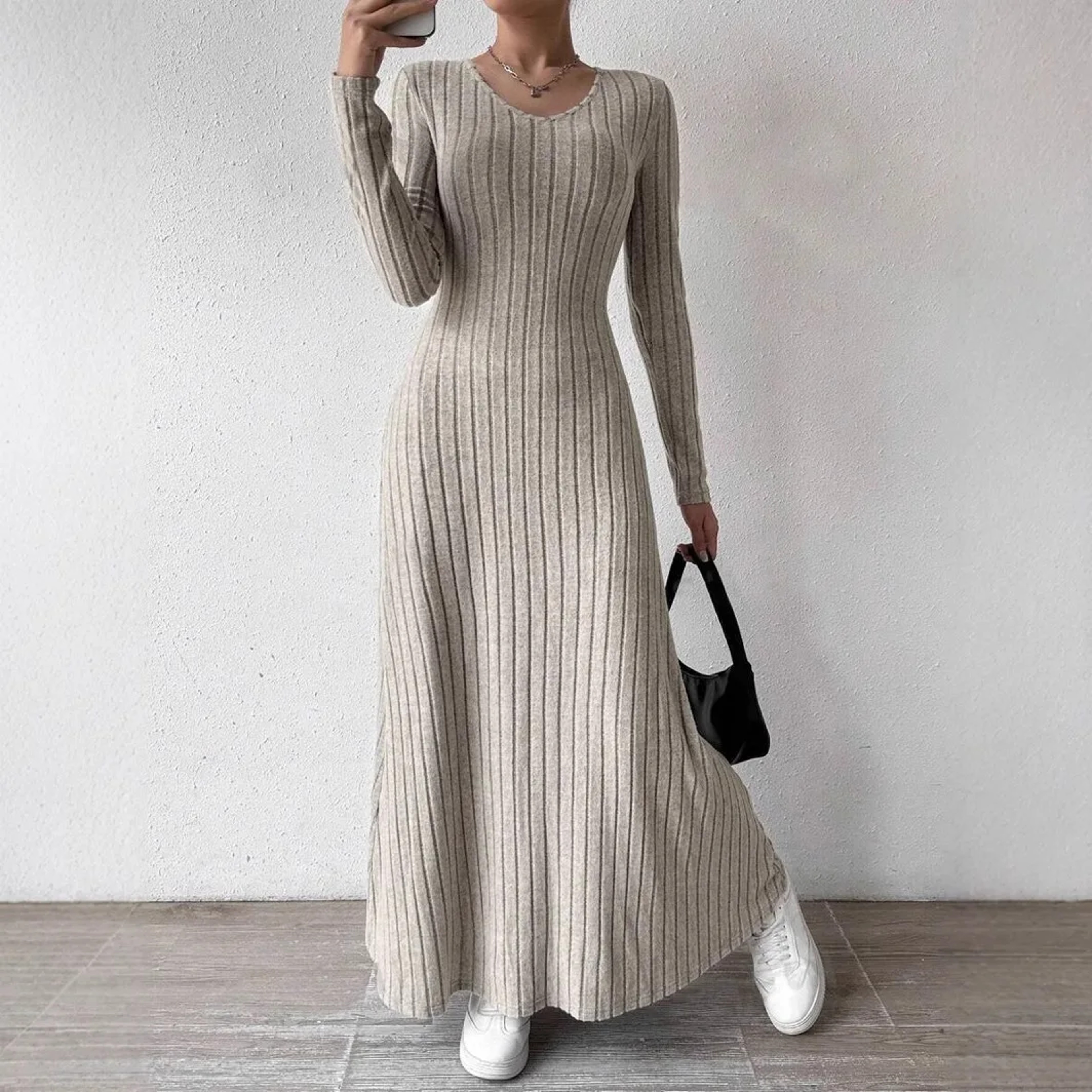 Women's Knitted Long Sleeve Dress, Streetwear, Solid Color Dress that Smooths and Slims – view 1