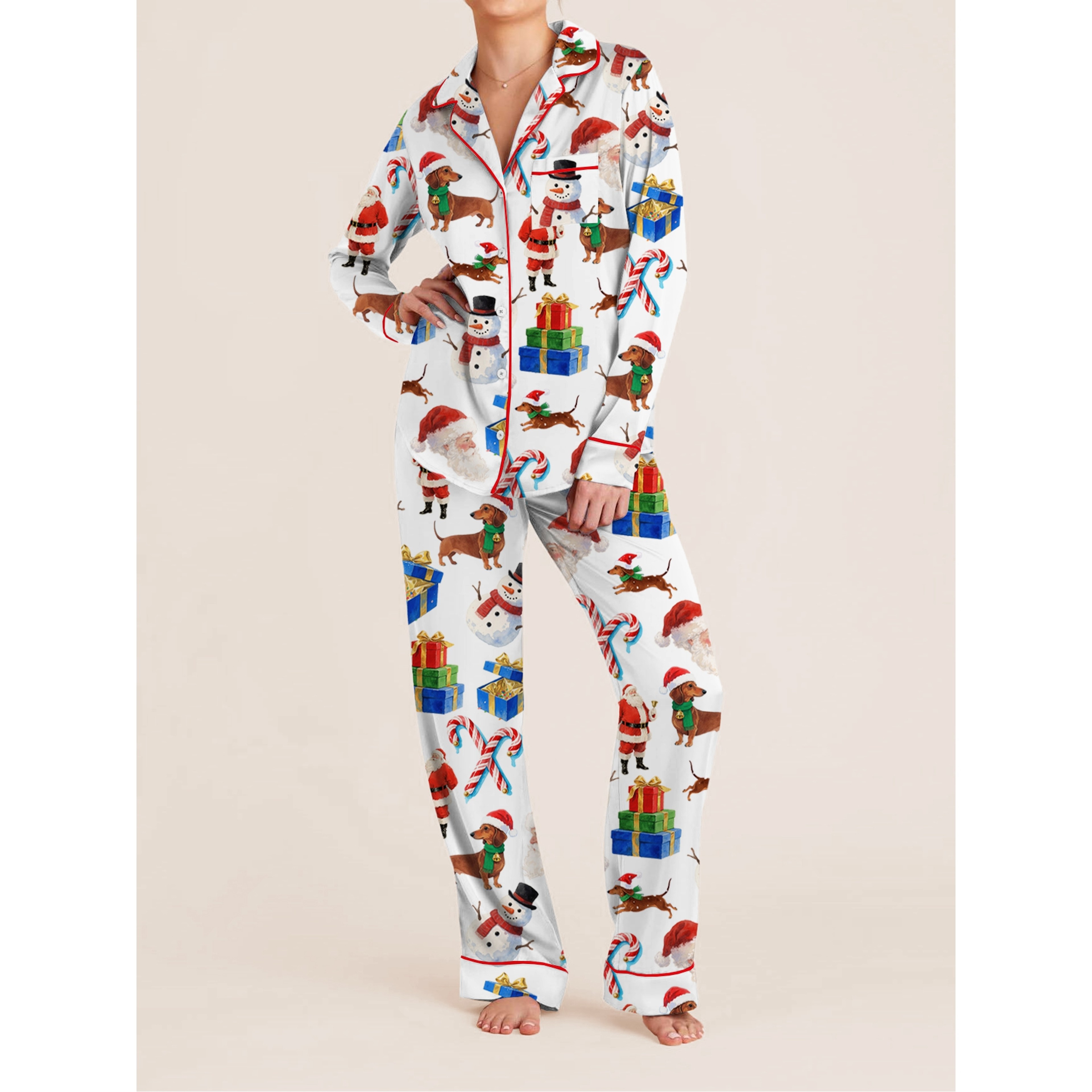 Christmas Women Pajama Set, Festive Long Sleeve Shirt and Pants, Cozy Holiday Sleepwear Loungewear with Bow, Dog – view 1
