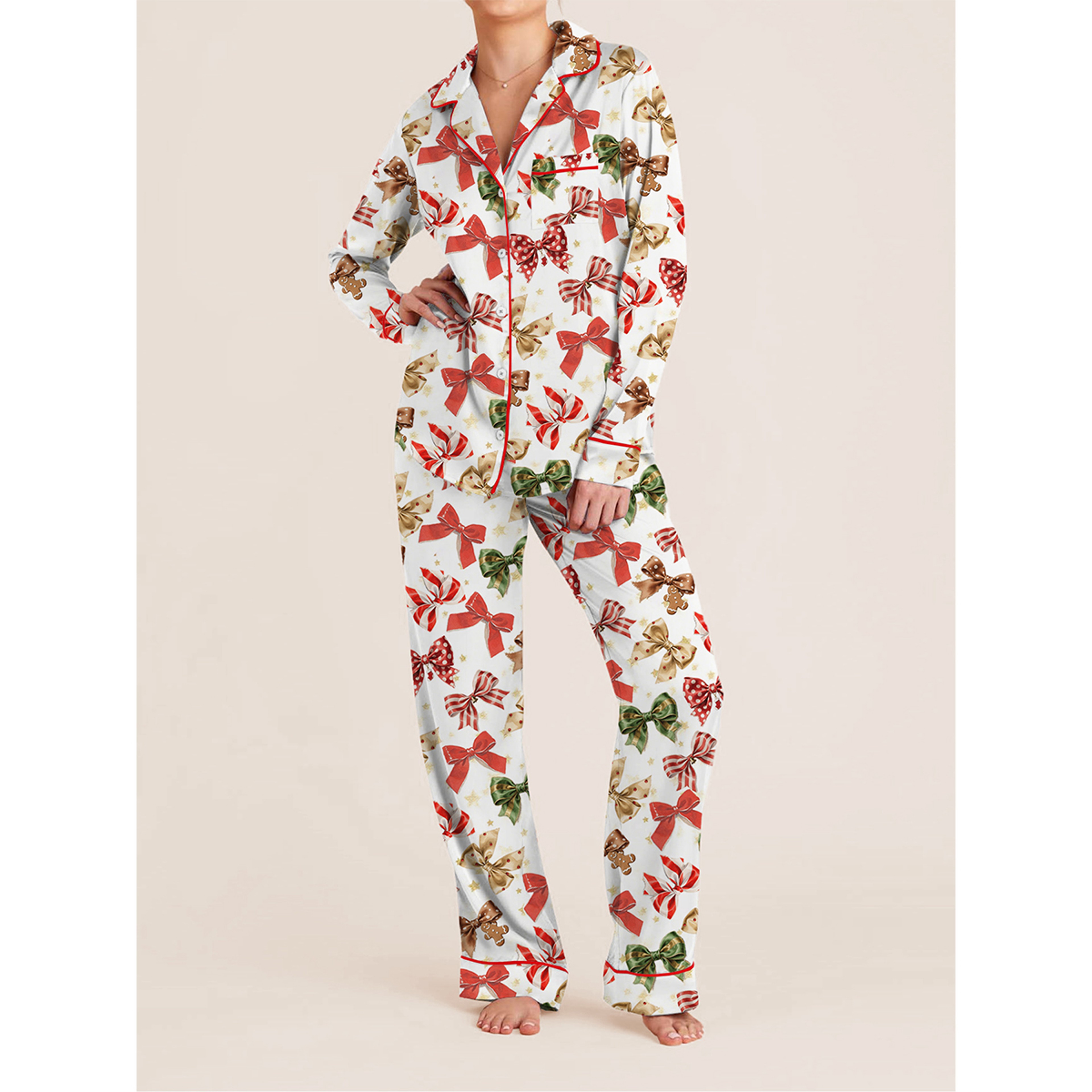 Christmas Women Pajama Set, Festive Long Sleeve Shirt and Pants, Cozy Holiday Sleepwear Loungewear with Bow, Dog – view 7