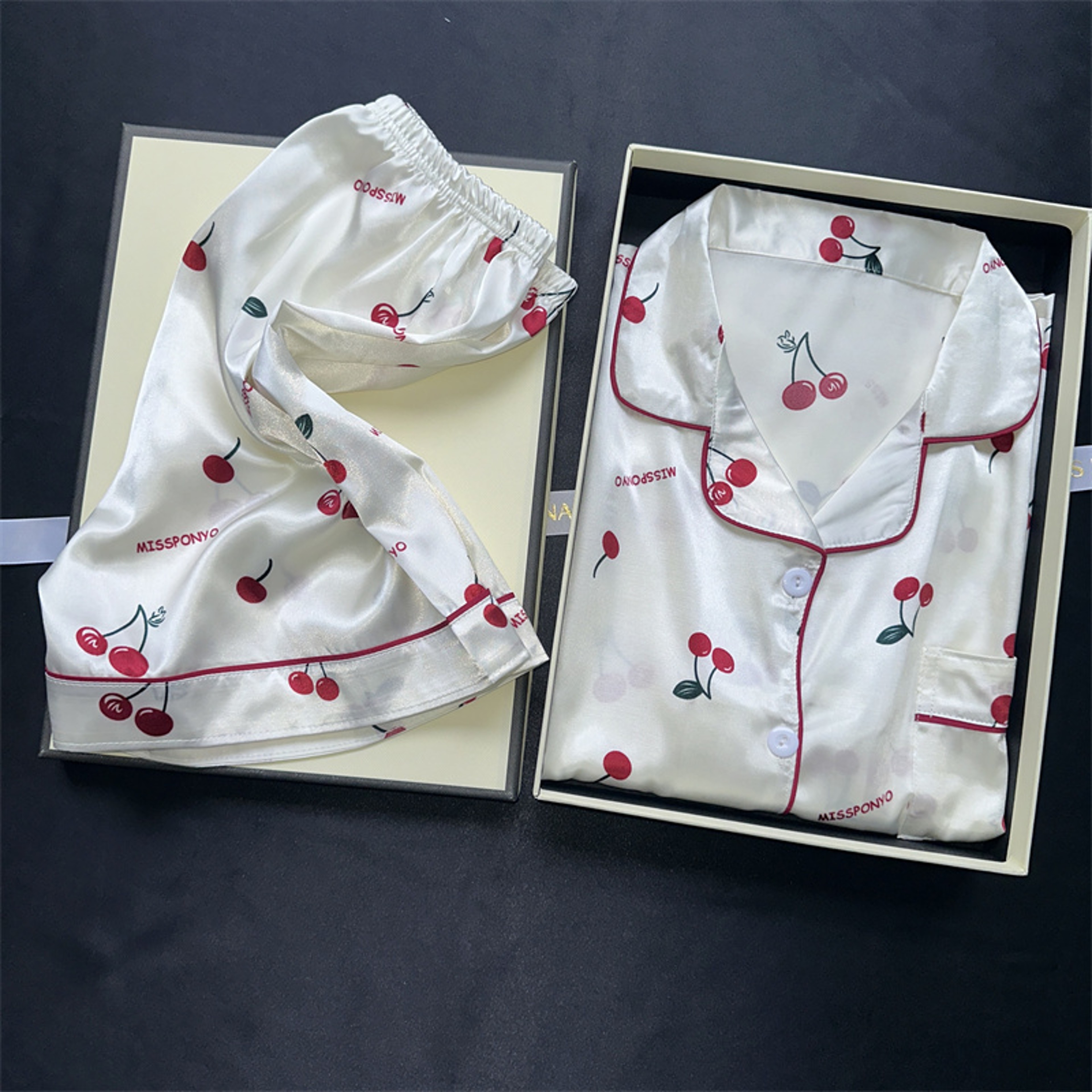 Ladies Summer Pajama Set, Cute Cherries Print Two Piece, Casual Shorts and Top, Home Clothes – view 4