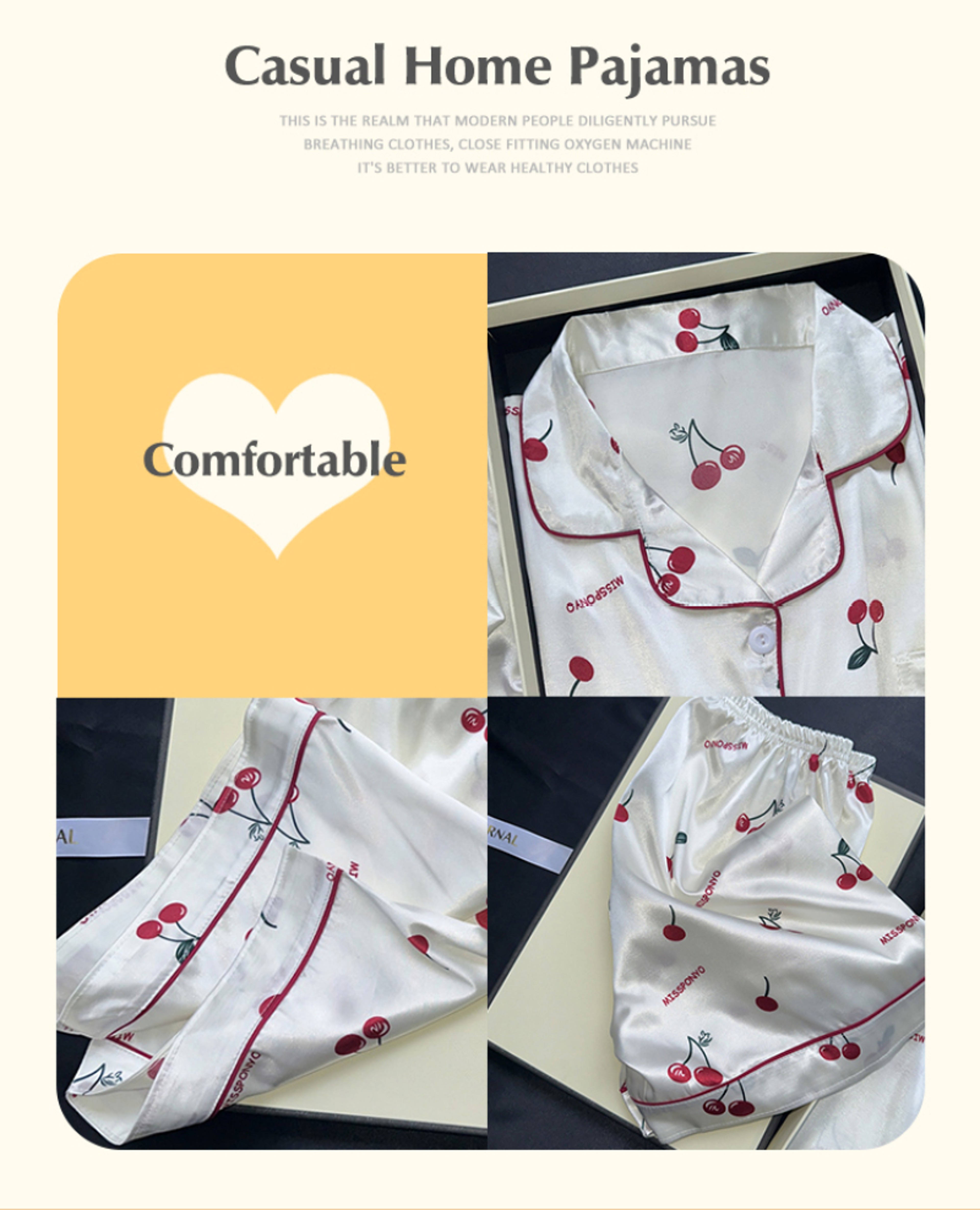 Ladies Summer Pajama Set, Cute Cherries Print Two Piece, Casual Shorts and Top, Home Clothes – view 5
