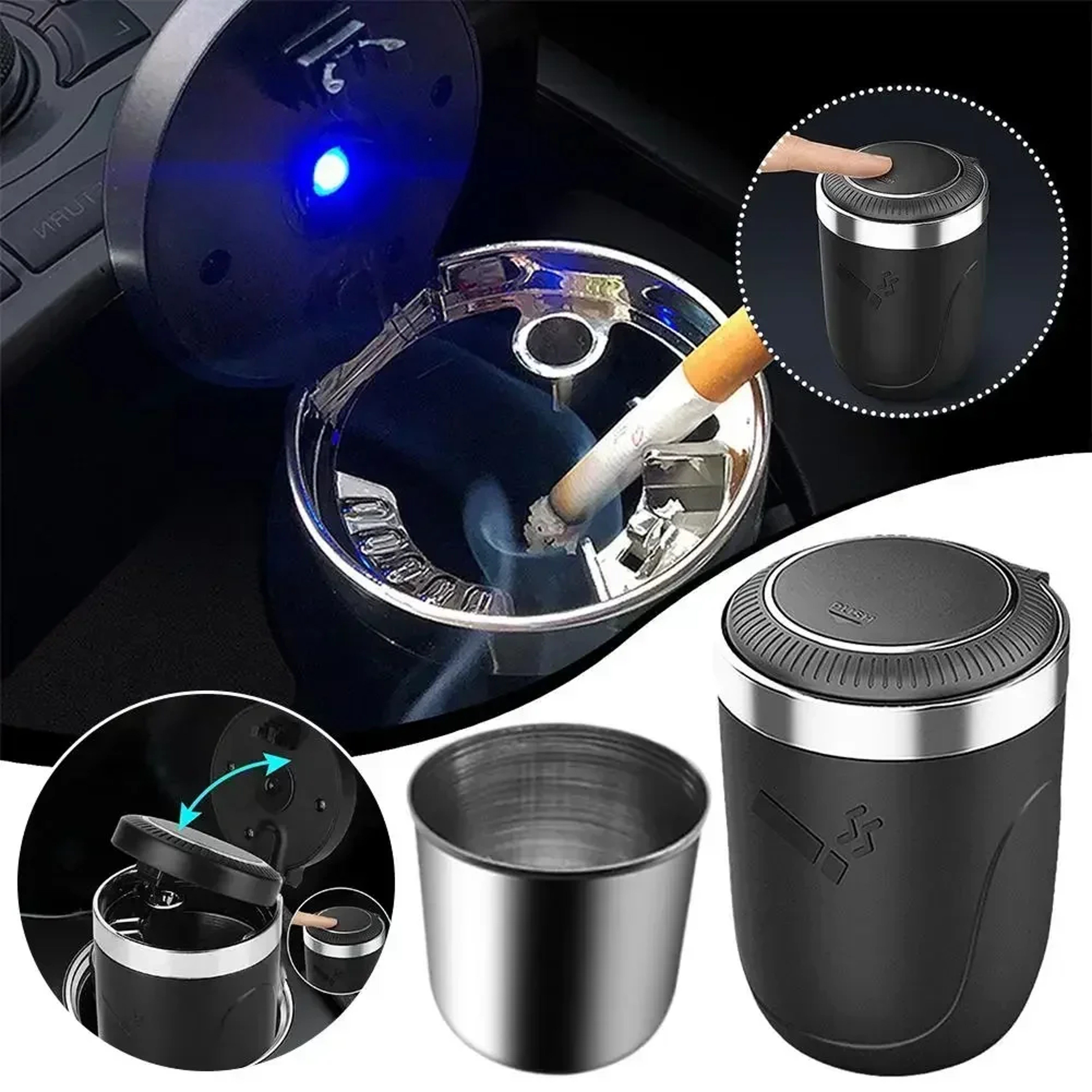 LED Car Ashtray, Portable Cup Holder Ashtray with Automatic Light, in Black, Blue, Red – view 1