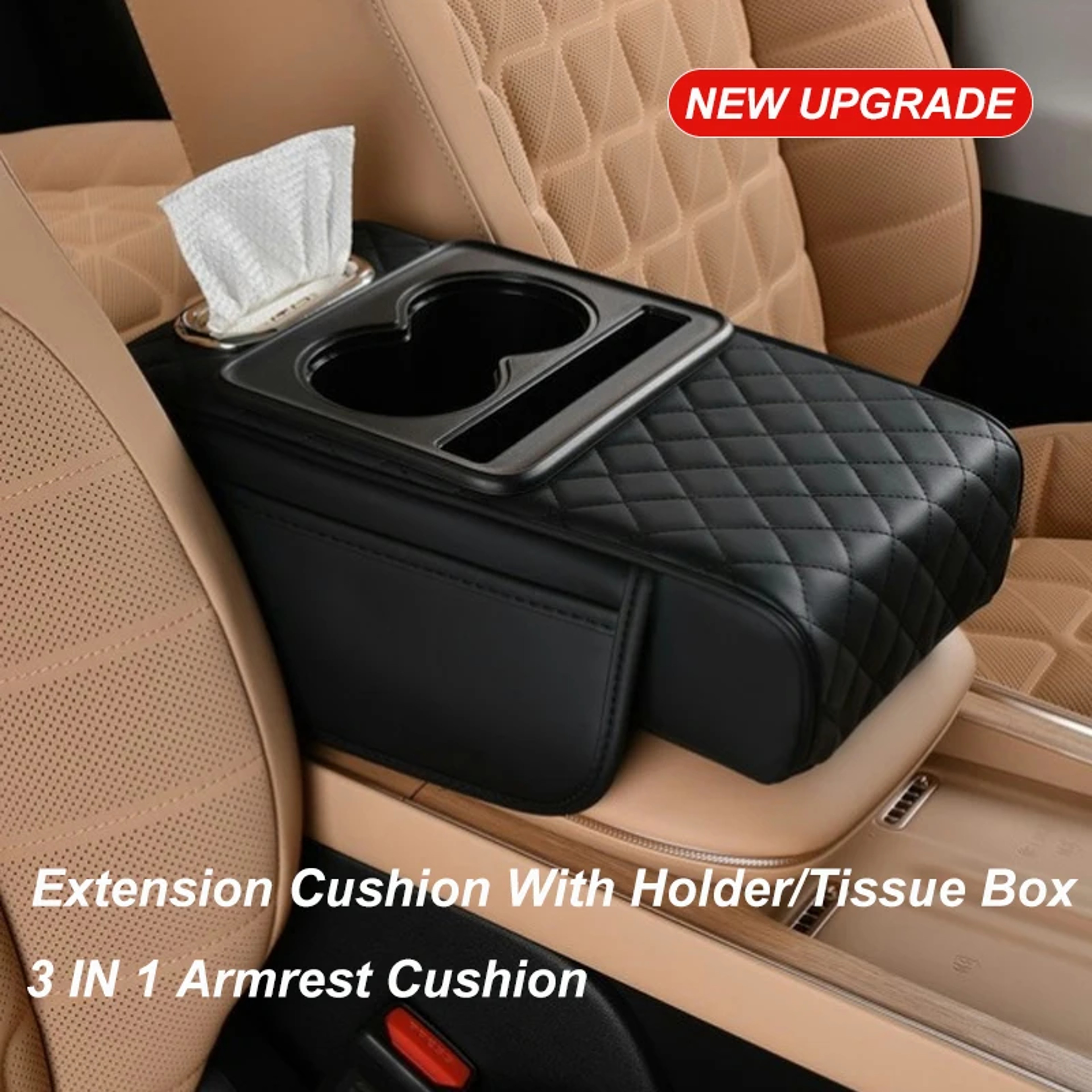 Thickened Car Center Console Armrest Cushion, with Side Extension, Cup Holder, and Tissue Box Organizer – view 1