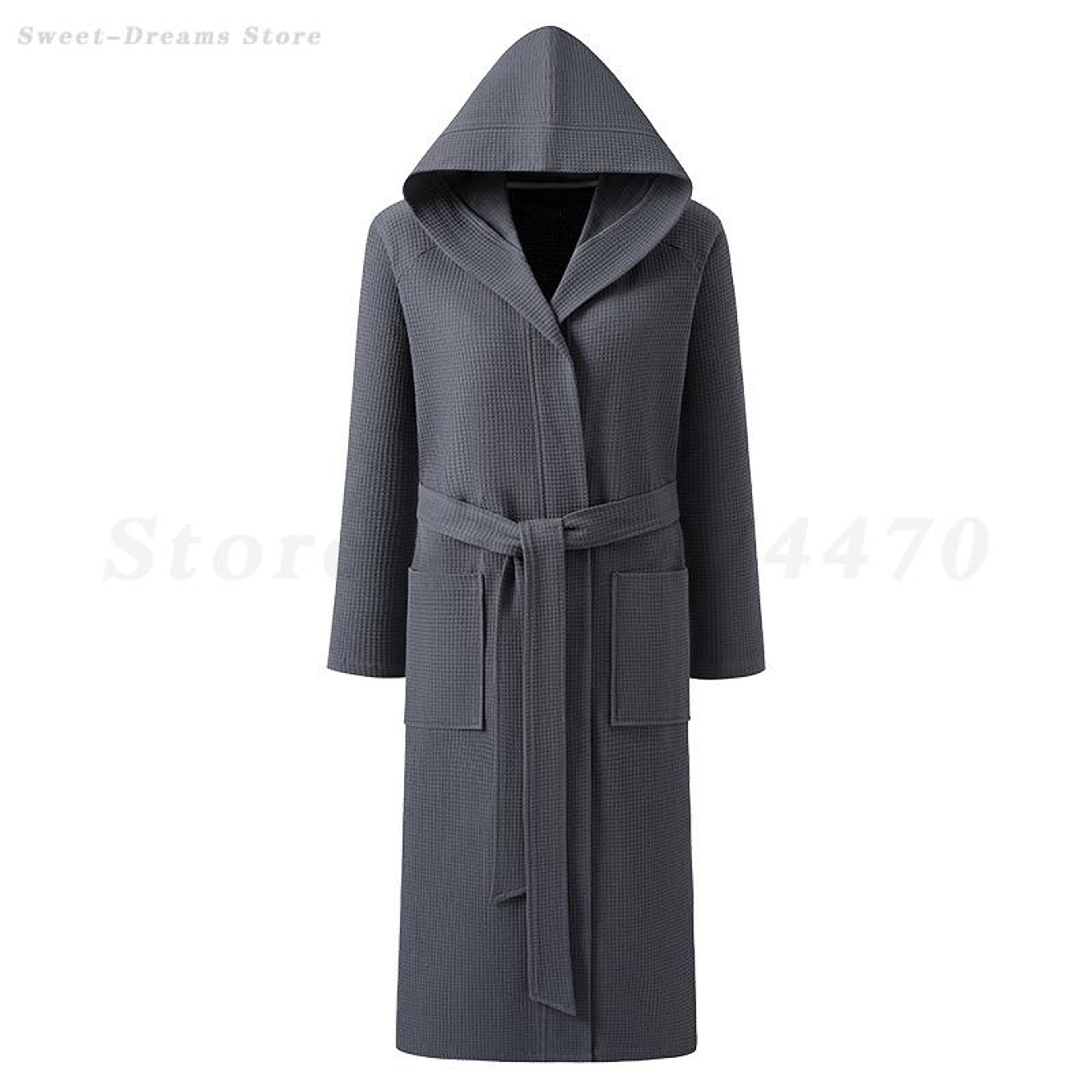 Cotton Waffle Kimono Robe, Long Sleeve Hooded Bathrobe, Couples Sleepwear and Home Loungewear for Spring and Autumn – view 3