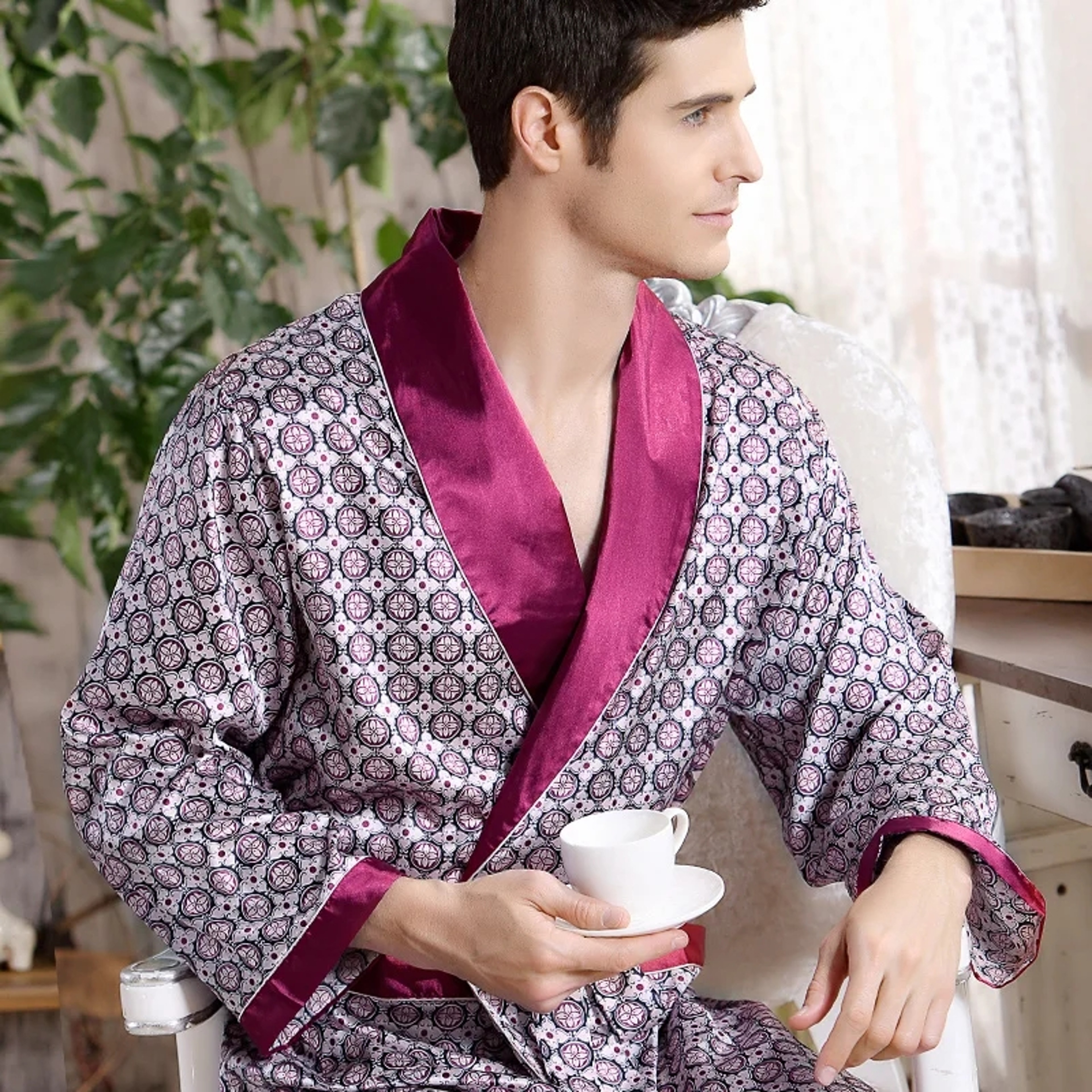 Men's Satin Kimono Robe, Luxury Print Gold Bathrobe, Plus Size Silk Dressing Gown, Geometric Lounge Sleepwear – view 4