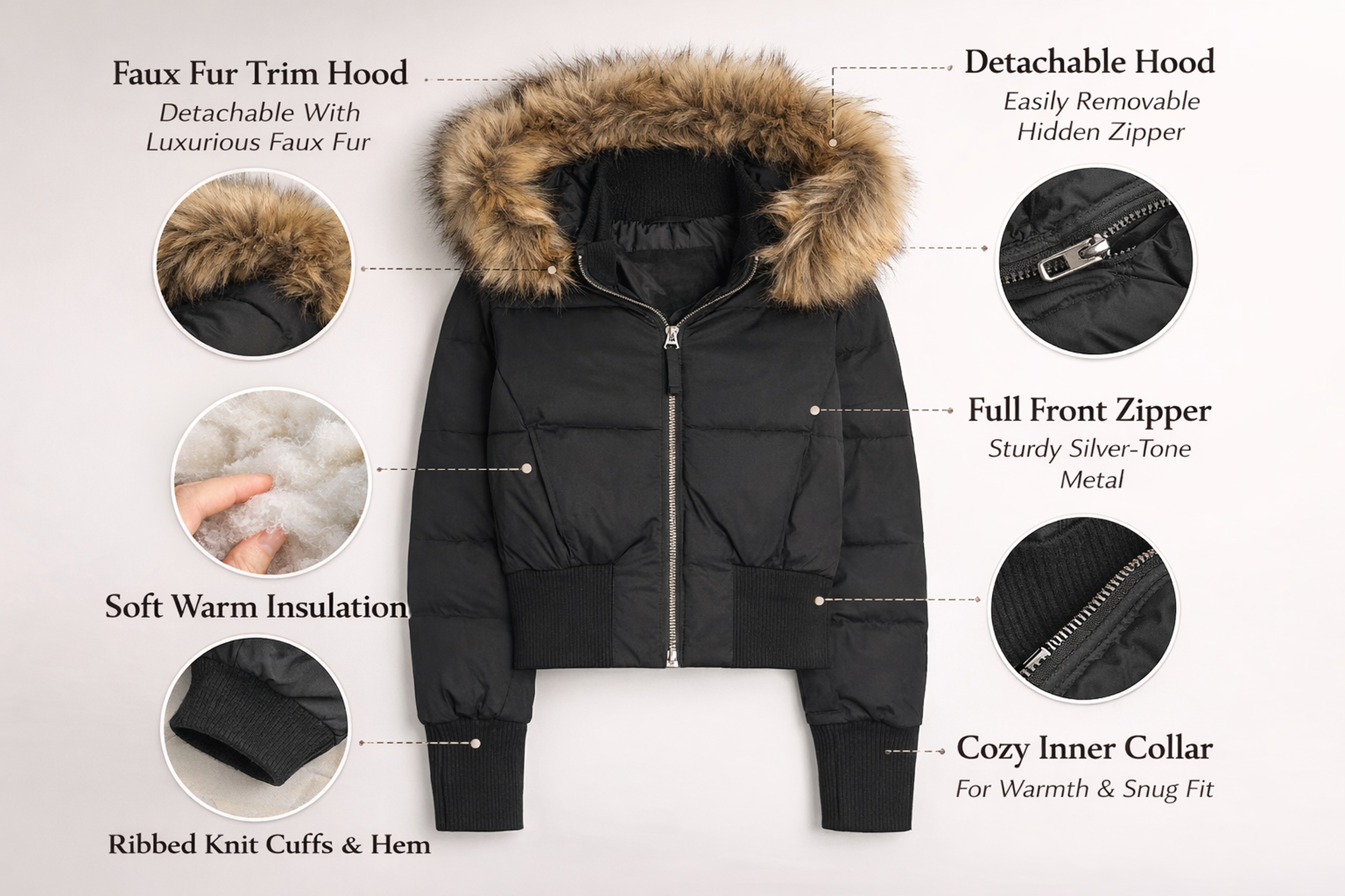 Womens Faux Fur Hooded Jacket, Quilted Cropped Coat, Winter Fashion Outerwear with Zipper Pockets – view 10