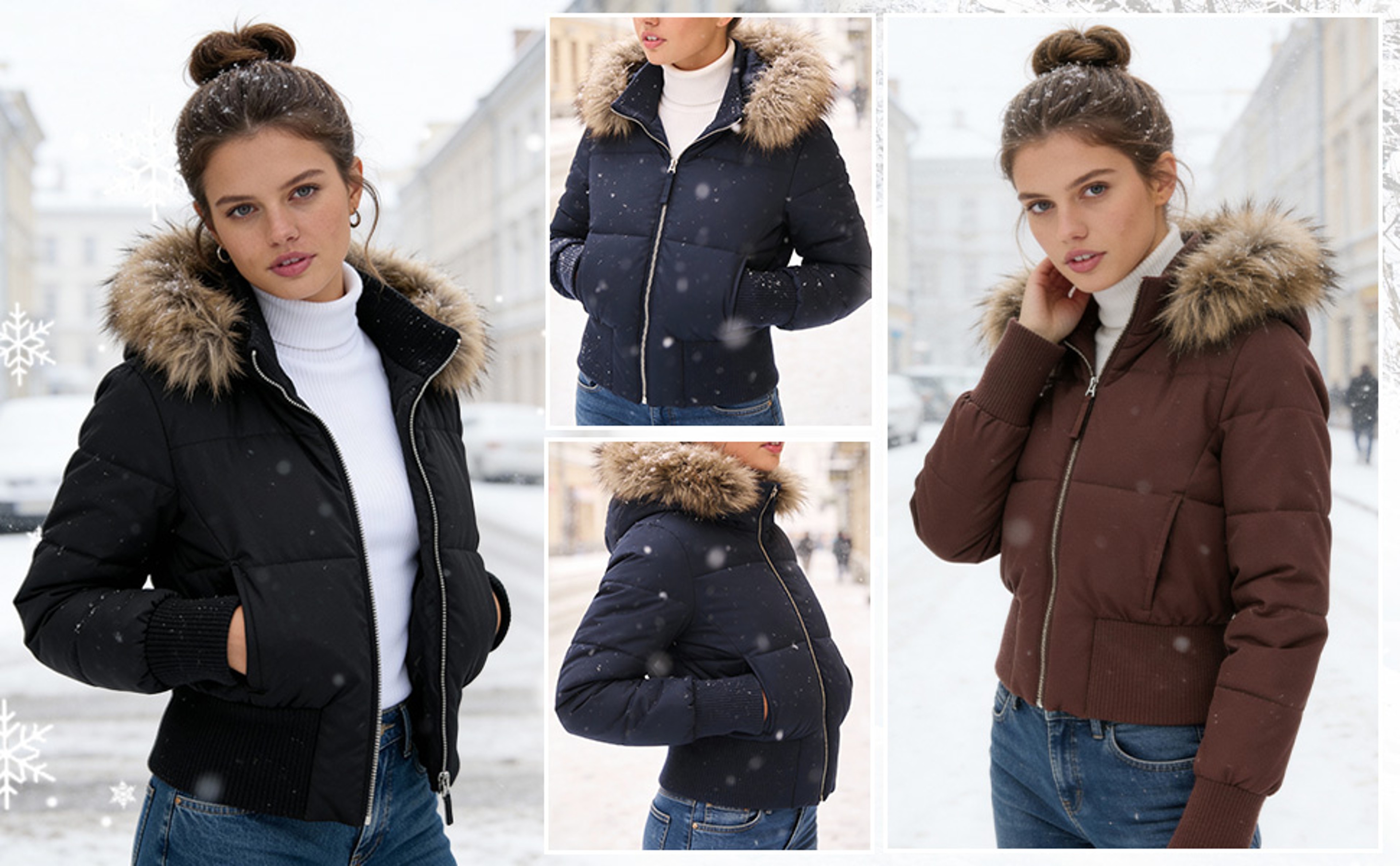 Womens Faux Fur Hooded Jacket, Quilted Cropped Coat, Winter Fashion Outerwear with Zipper Pockets – view 13