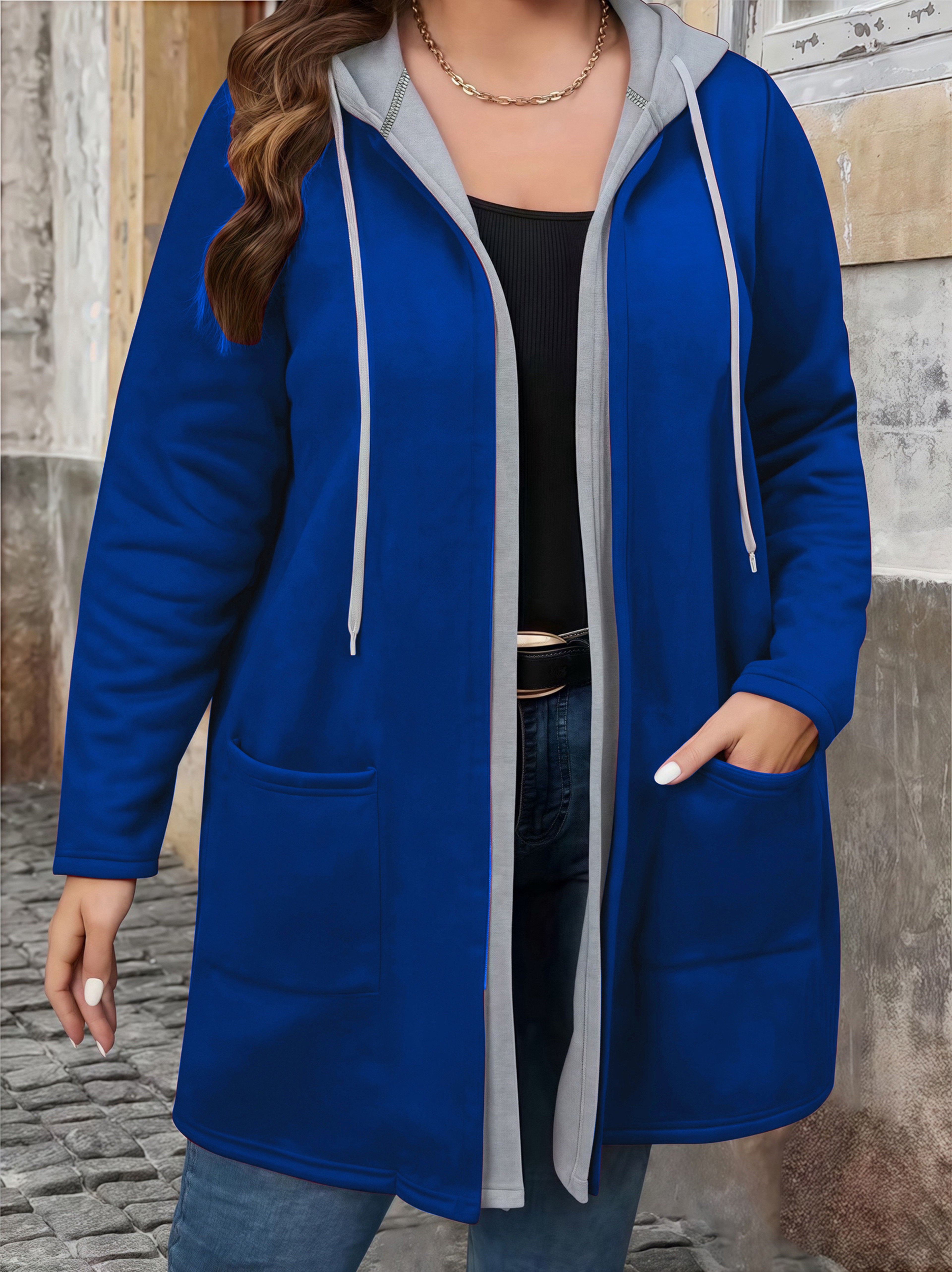 Plus Size Women's Coat, Elegant Solid Color Two-Tone Hooded Cardigan with Pockets and Drawstring for Autumn Winter – view 5