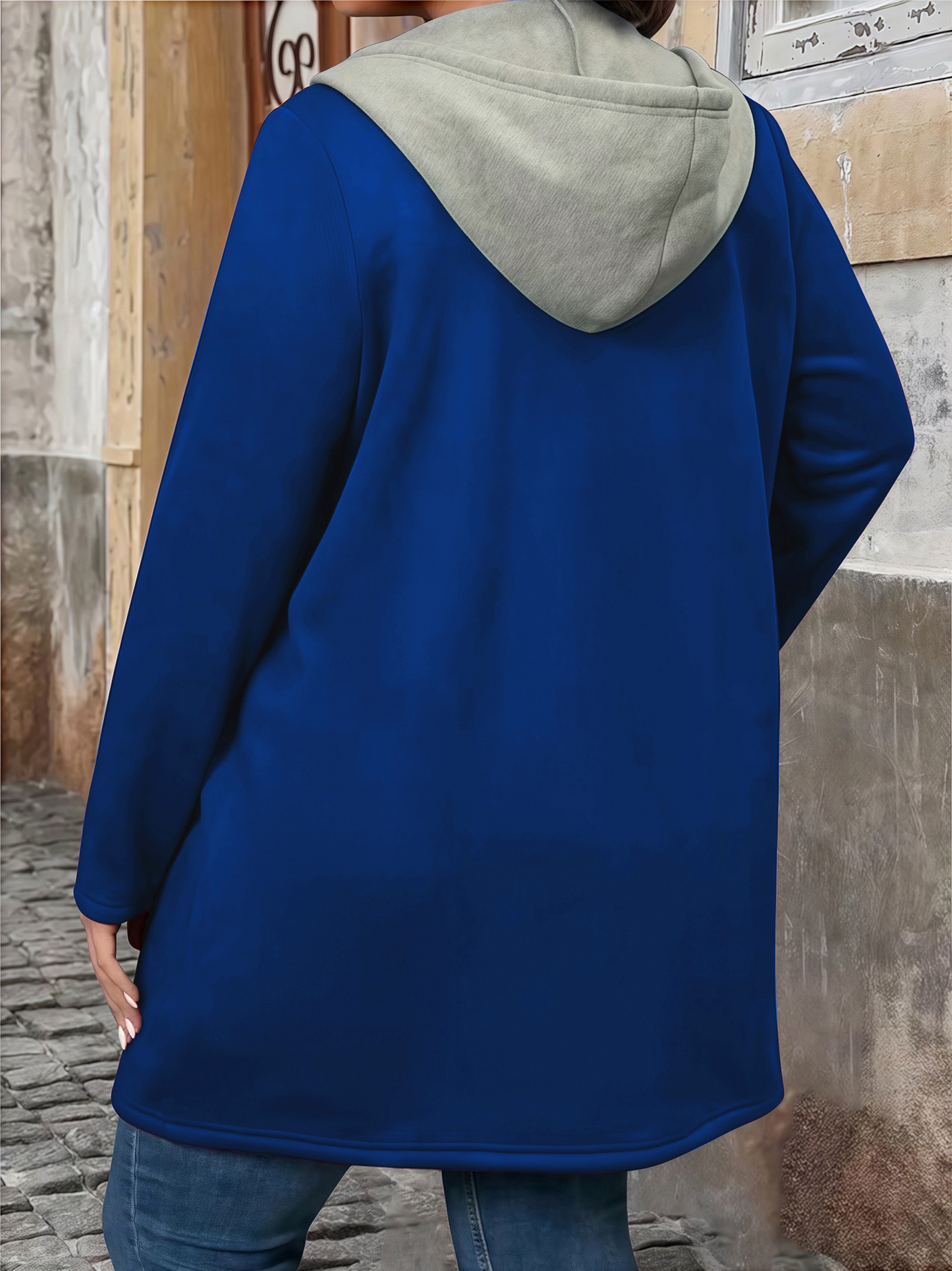 Plus Size Women's Coat, Elegant Solid Color Two-Tone Hooded Cardigan with Pockets and Drawstring for Autumn Winter – view 6