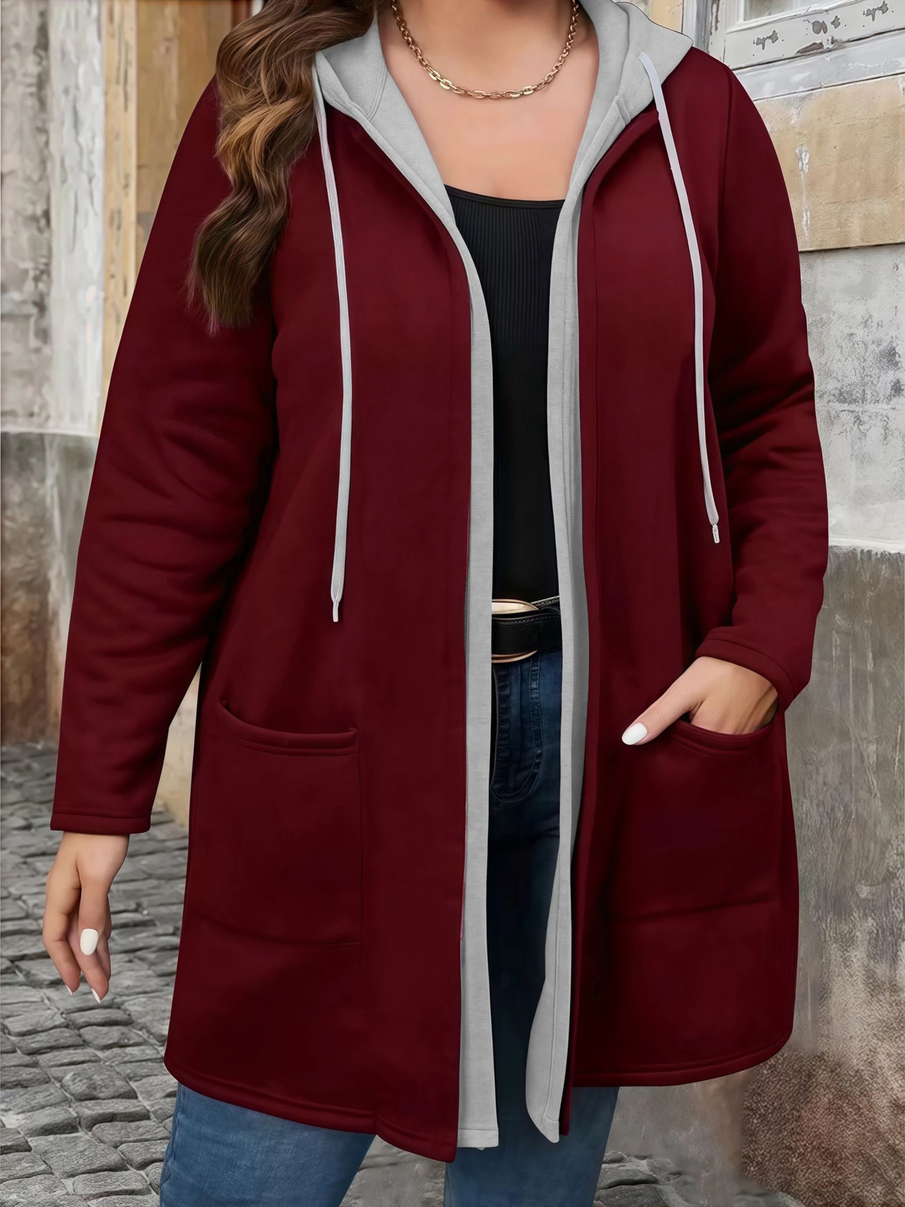 Plus Size Women's Coat, Elegant Solid Color Two-Tone Hooded Cardigan with Pockets and Drawstring for Autumn Winter – view 8