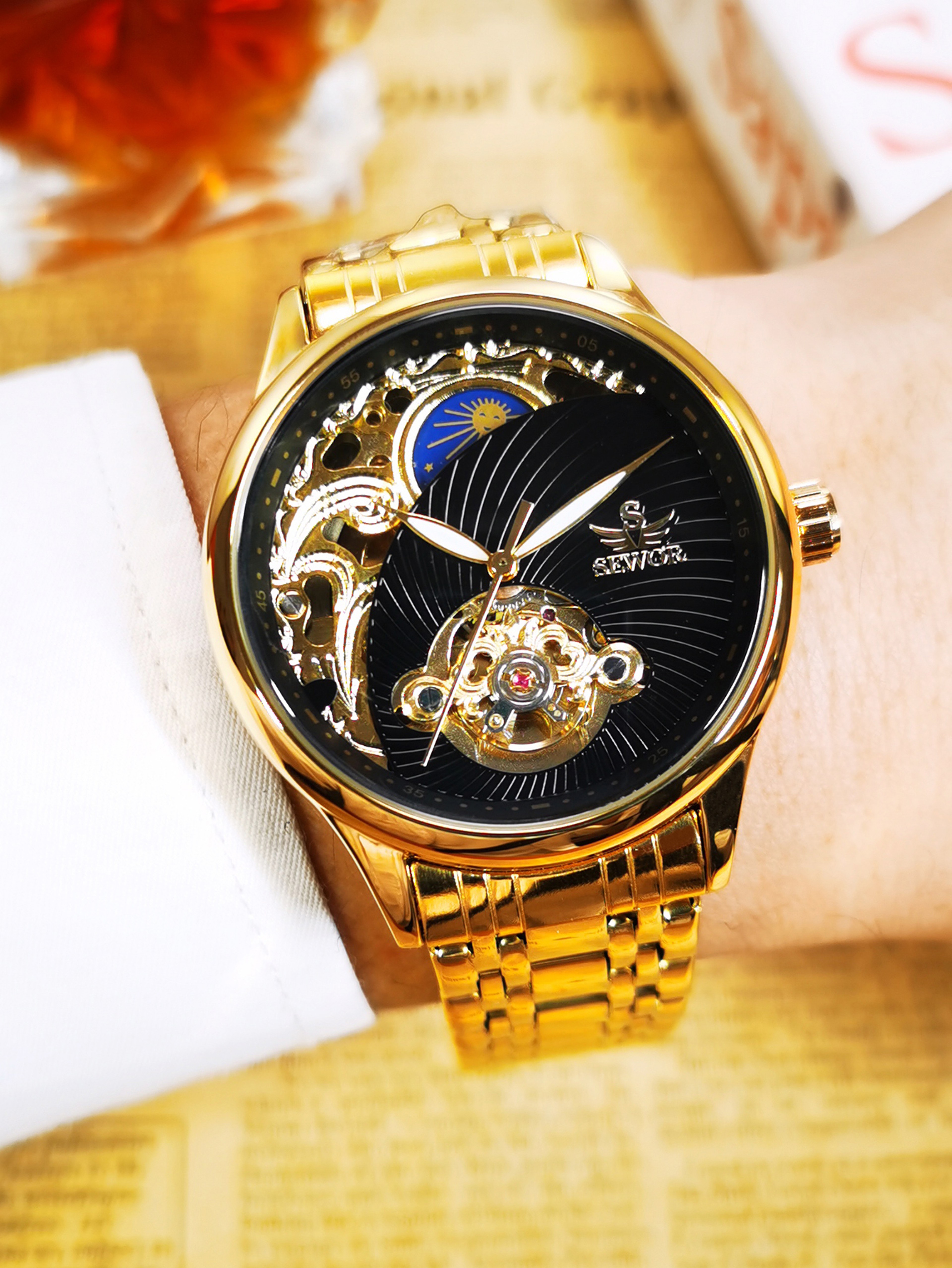 Luxury Gold Skeleton Mens Watch Retro Tourbillon Mechanical Automatic Moon Phase Stainless Steel 1