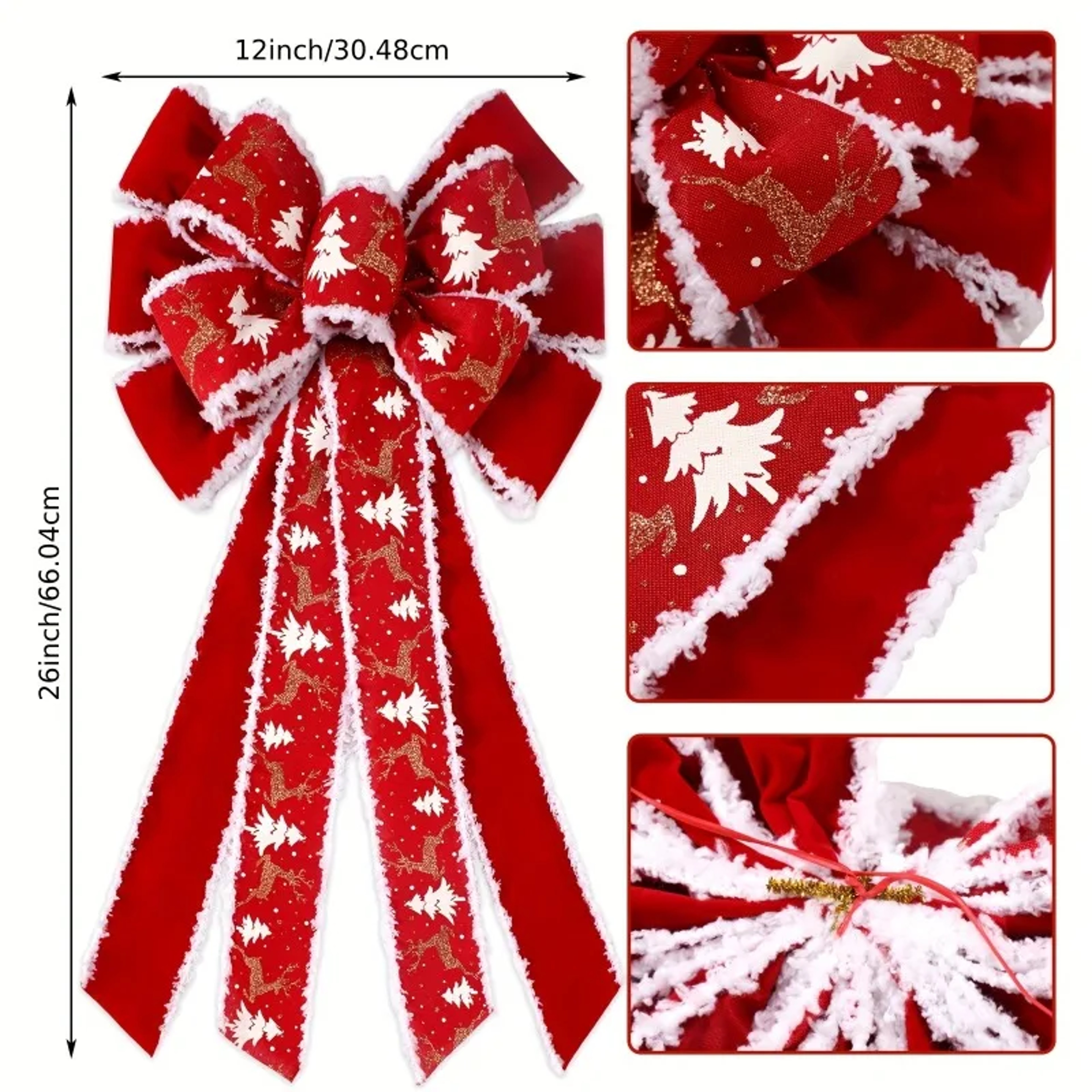 Velvet Glitter Extra Large Red Christmas Wreath Bows Design For Holiday Tree Decor 3