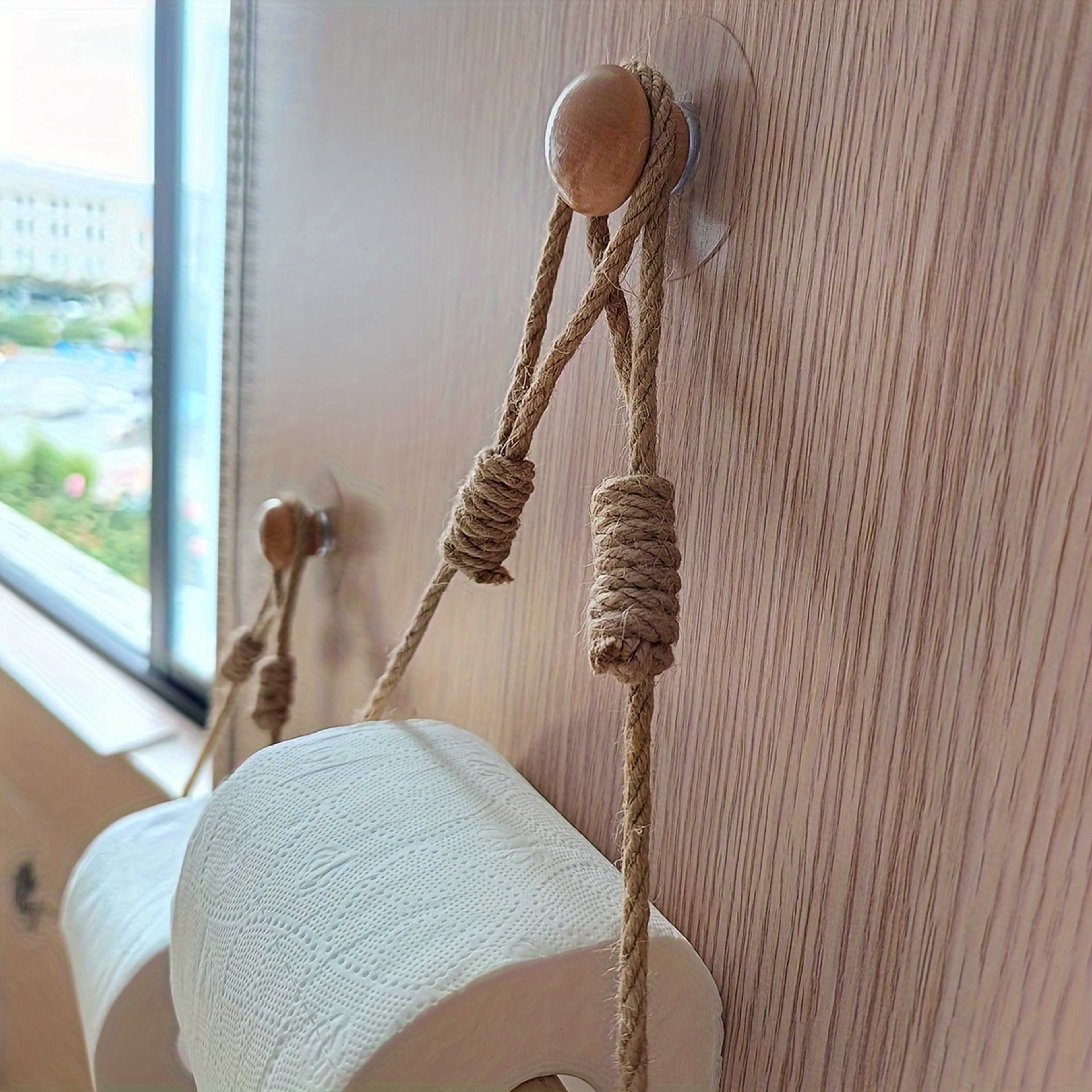 Decorative Bathroom Tissue Dispenser WallMounted Rustic Hemp Rope Wooden Stick Toilet Paper Holder  2