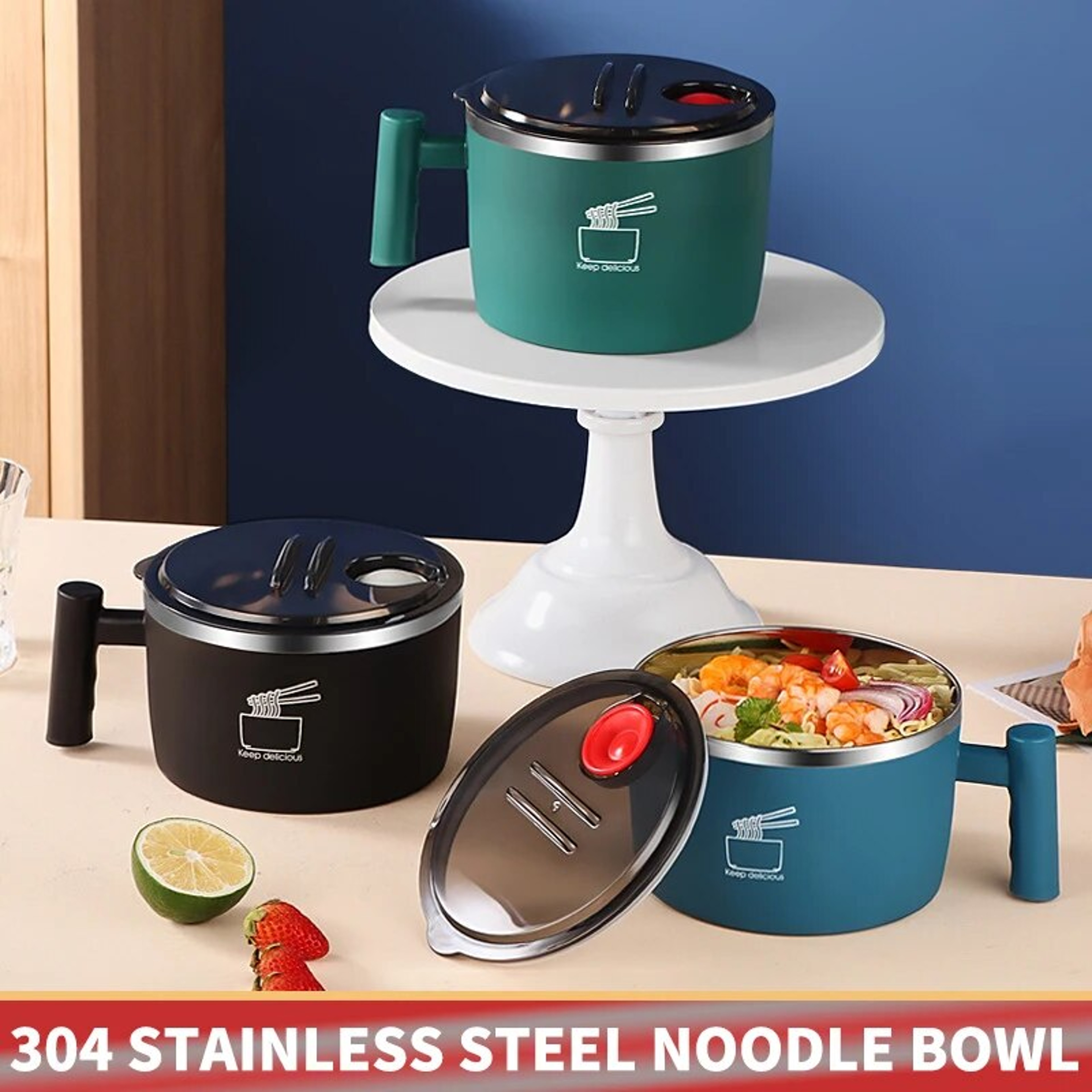 Stainless Steel Instant Noodle Bowl With Lid Portable Sealed Kitchen Drain Bowl 1