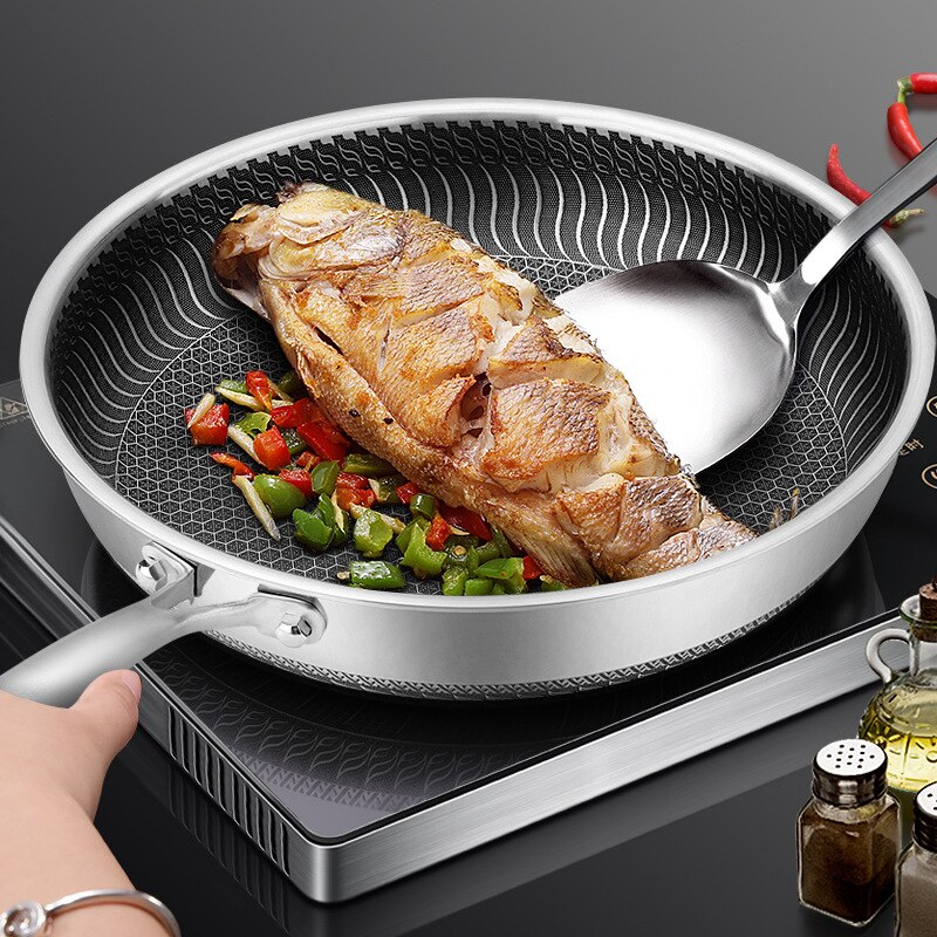 Whole Body Stainless Steel Frying Pan  DoubleSided Honeycomb Skillet For All Stove Types 2