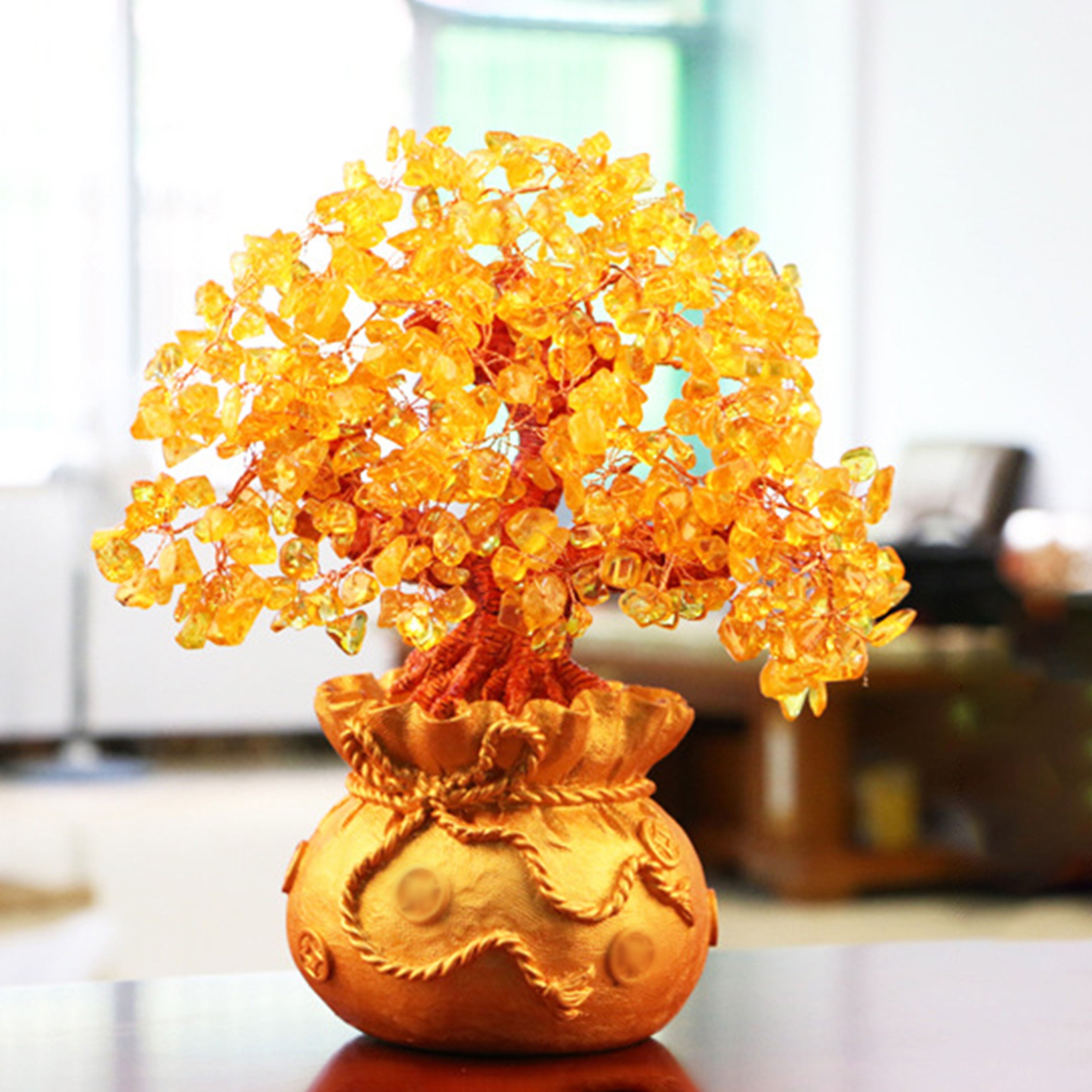 Golden Crystal Wealth Tree Ornament Money Bag Desktop Tree Craft Gift 4