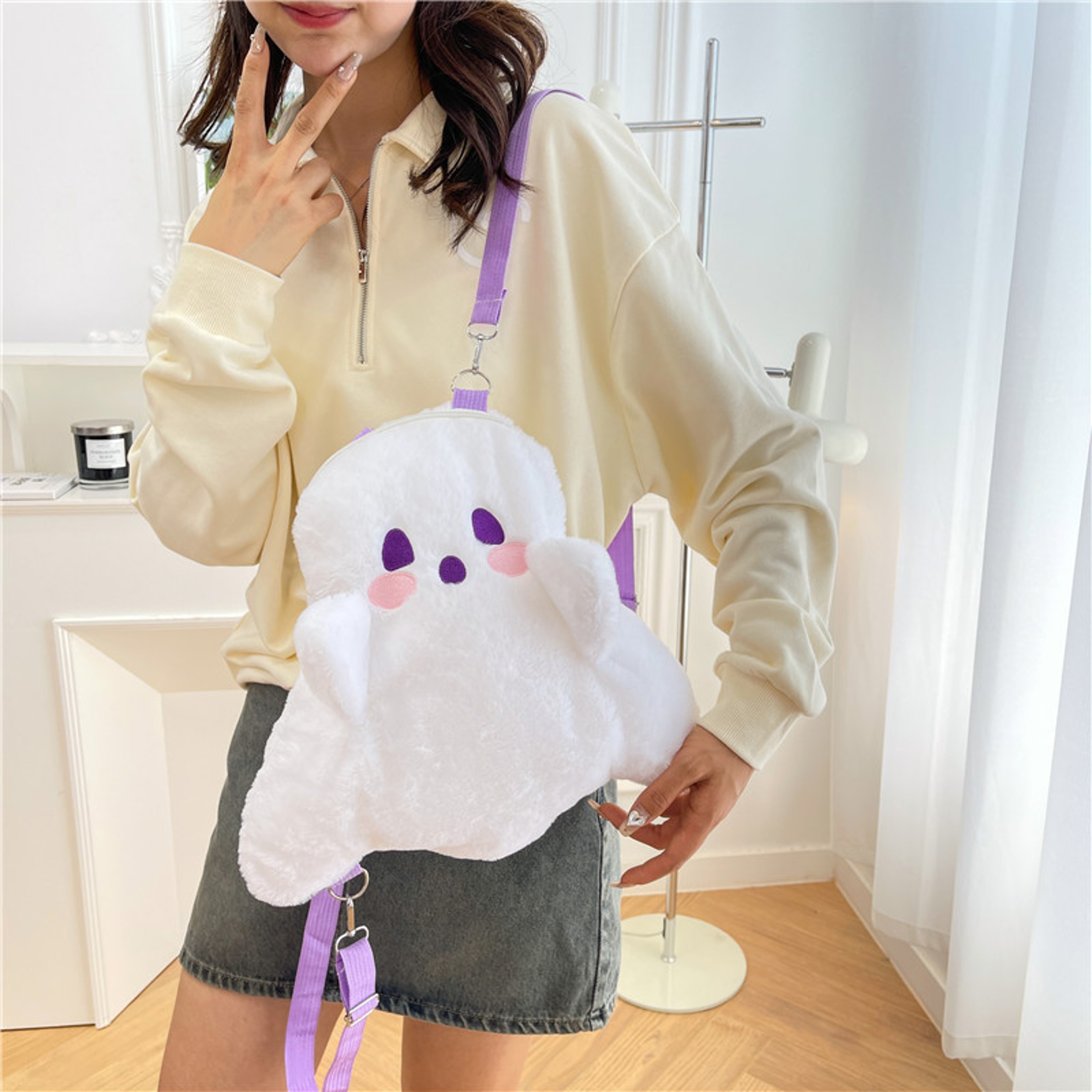 Little Ghost Plush Backpack  Large Capacity Shoulder Bag With Adjustable Strap Plushie Doll Design 6