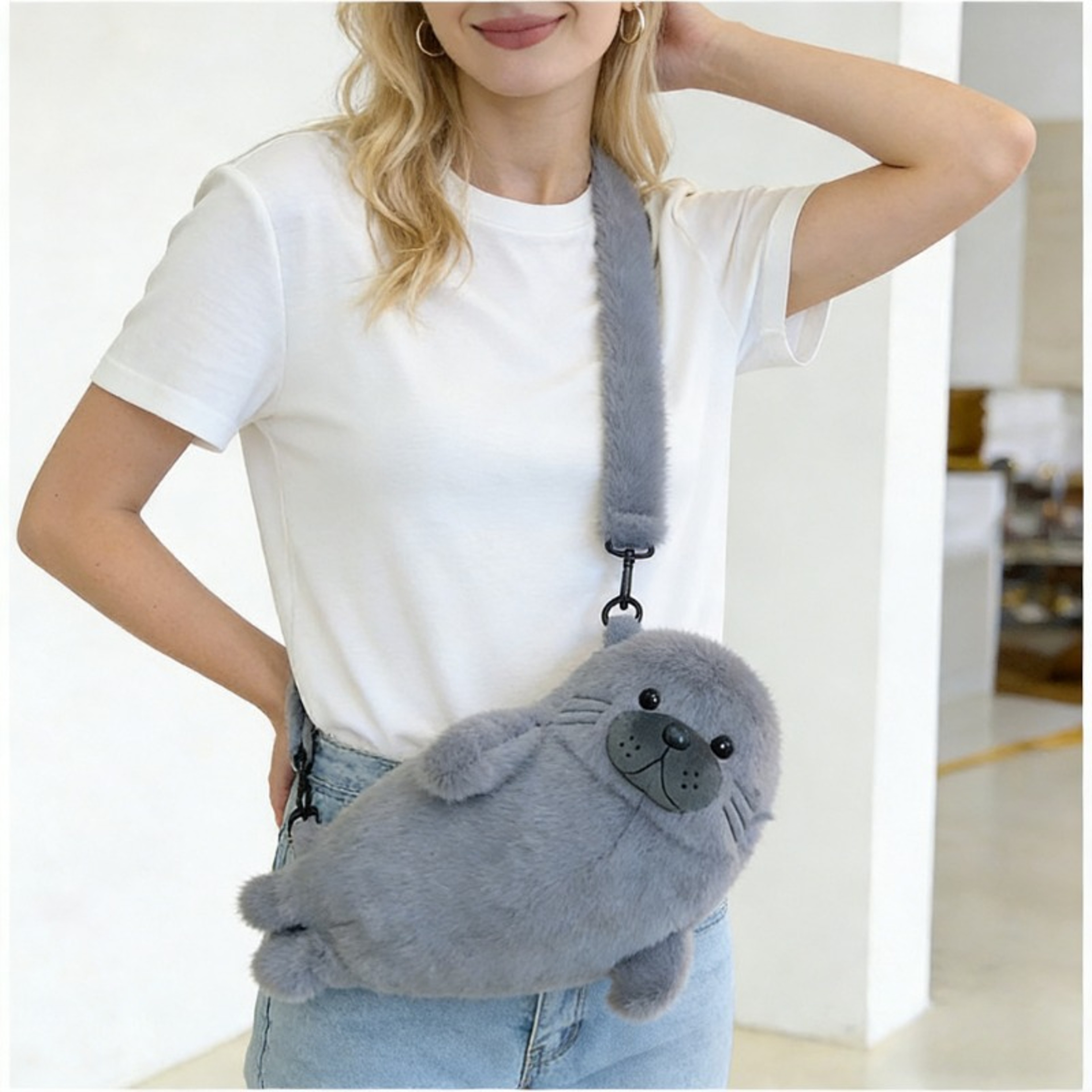Cute Grey Seal Plush Handbag  Adorable Sea Animal Makeup Bag  Crossbody For Women  Birthday Gift 0