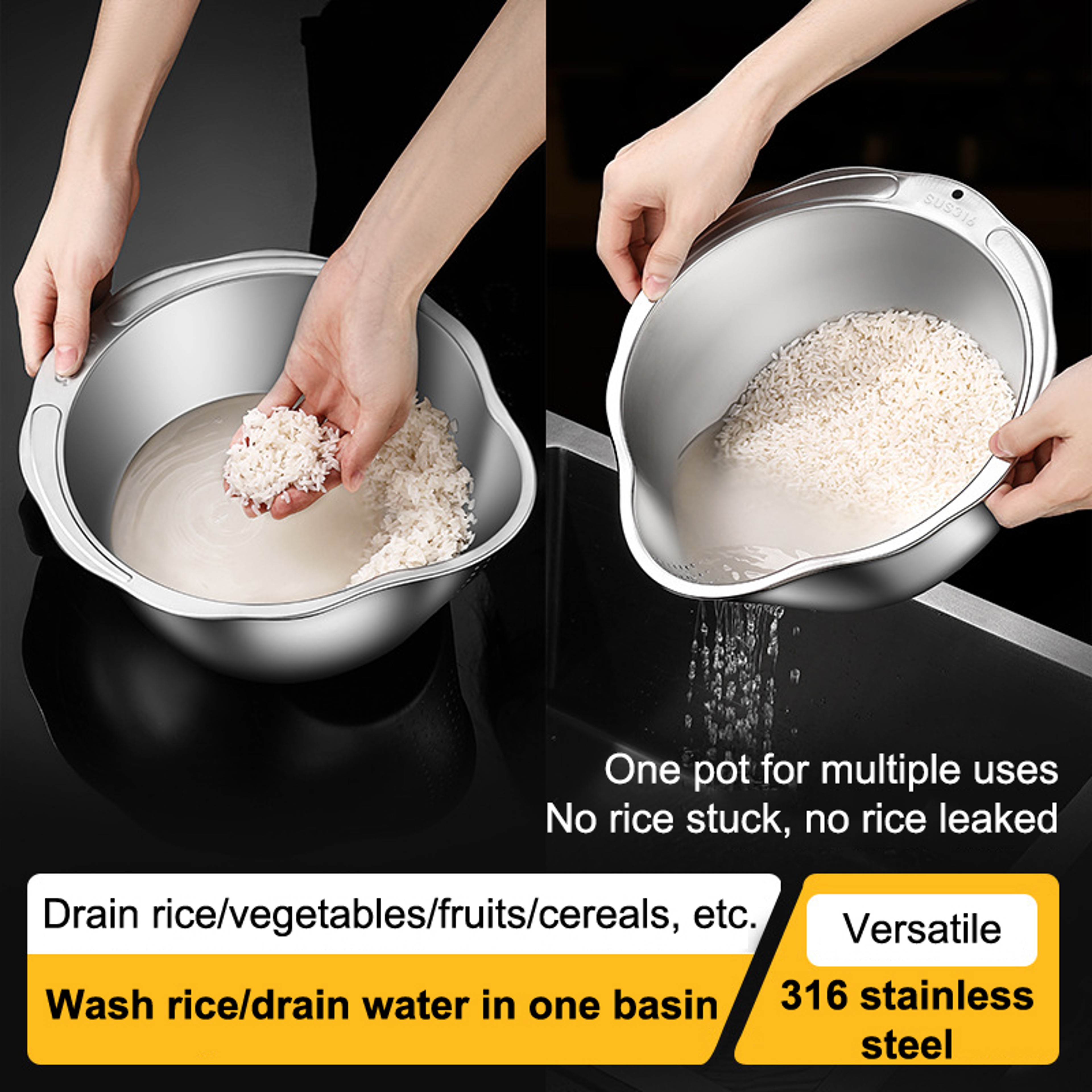 Stainless Steel Rice Washer Strainer Bowl Multi Purpose Sieve For Rice Fruit And Kitchen Straining 3