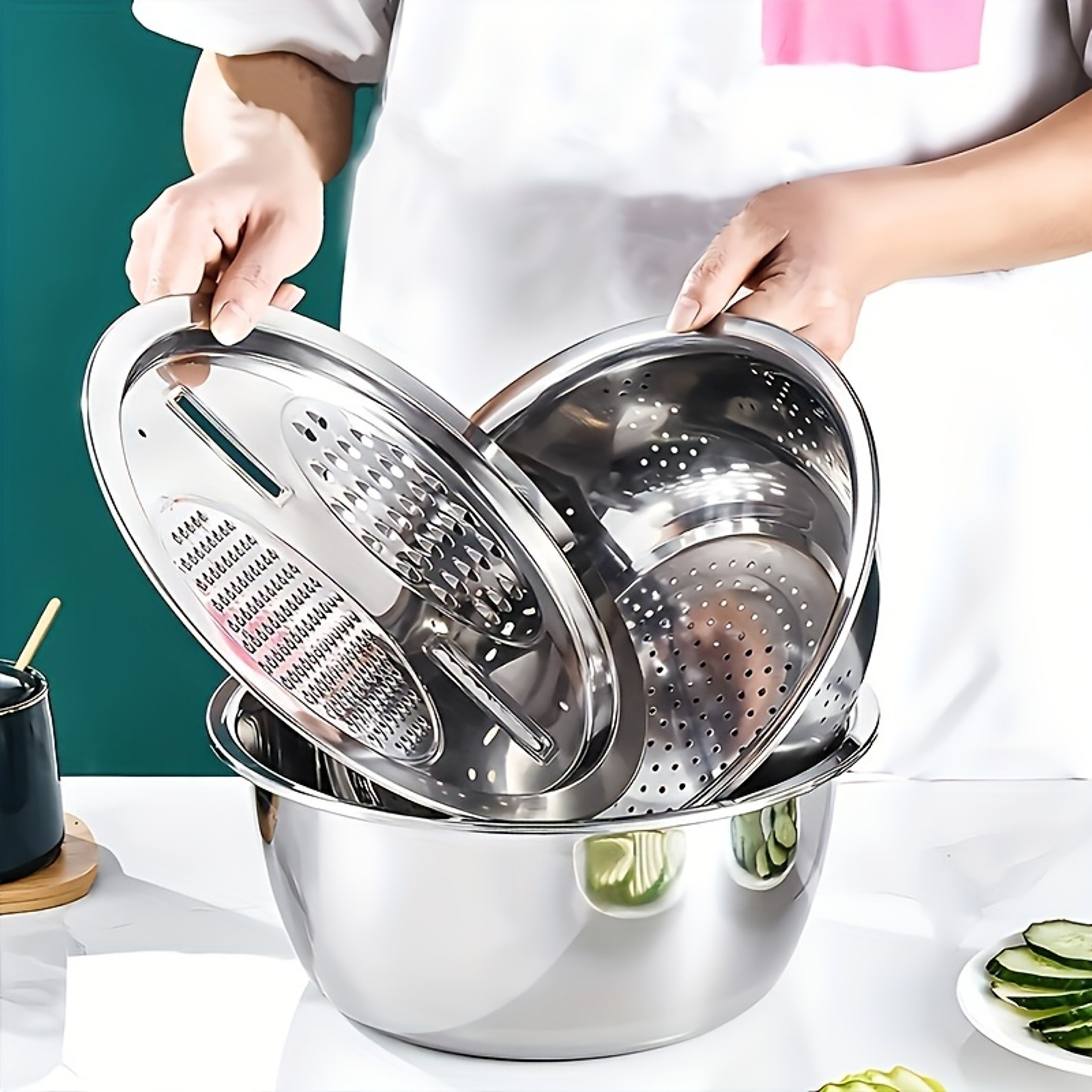 Stainless Steel Kitchen Set Grinder Strainer  Bowl Combo With Drain System Dishwasher Safe For Frui 1