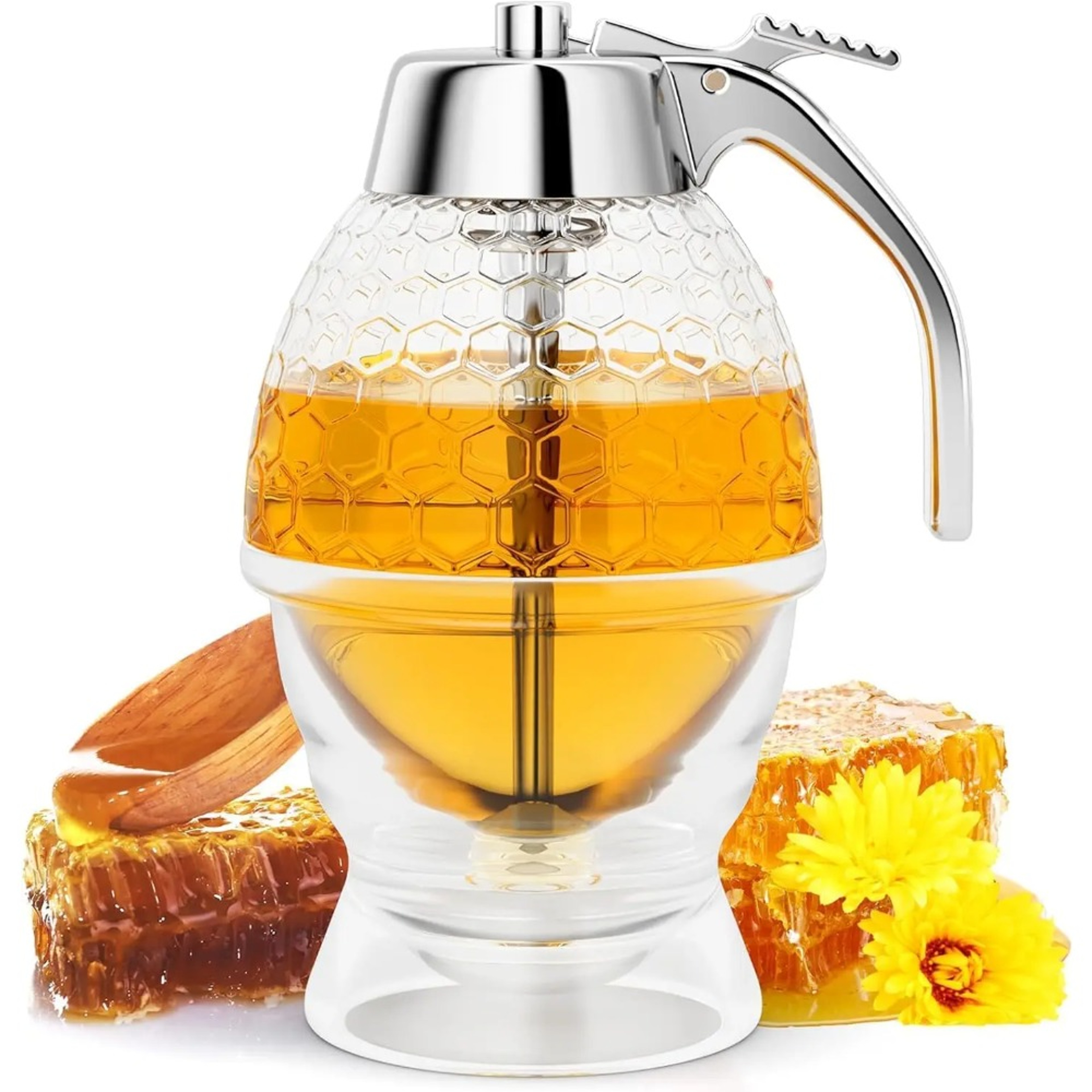 Drip Free Honey Dispenser  Maple Syrup Pitcher Elegant HoneycombShaped Honey Jar With Stand For Cle 0