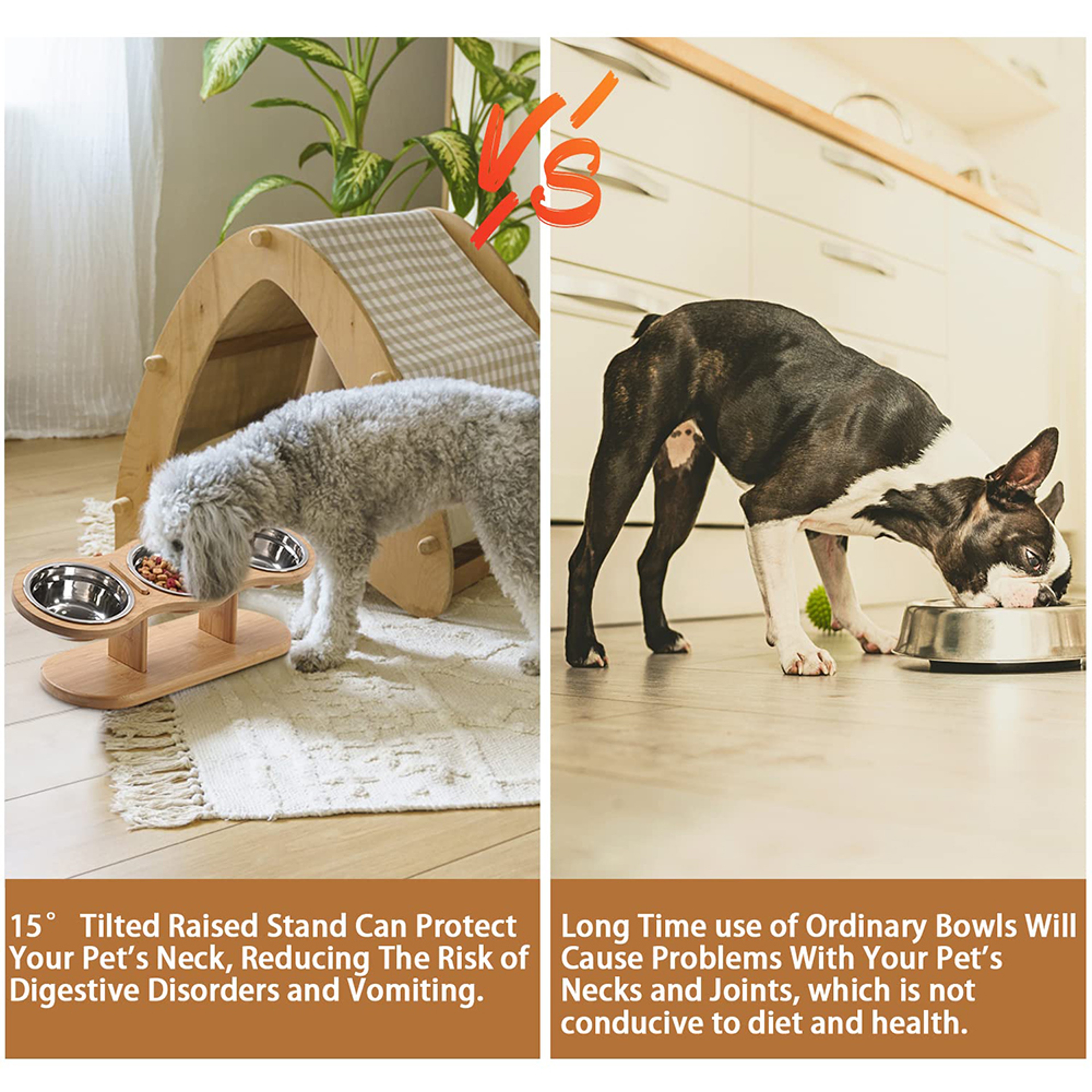 Raised Cat Feeder Stainless Steel Bowls With Wooden Stand Tilt For Comfortable Feeding 3