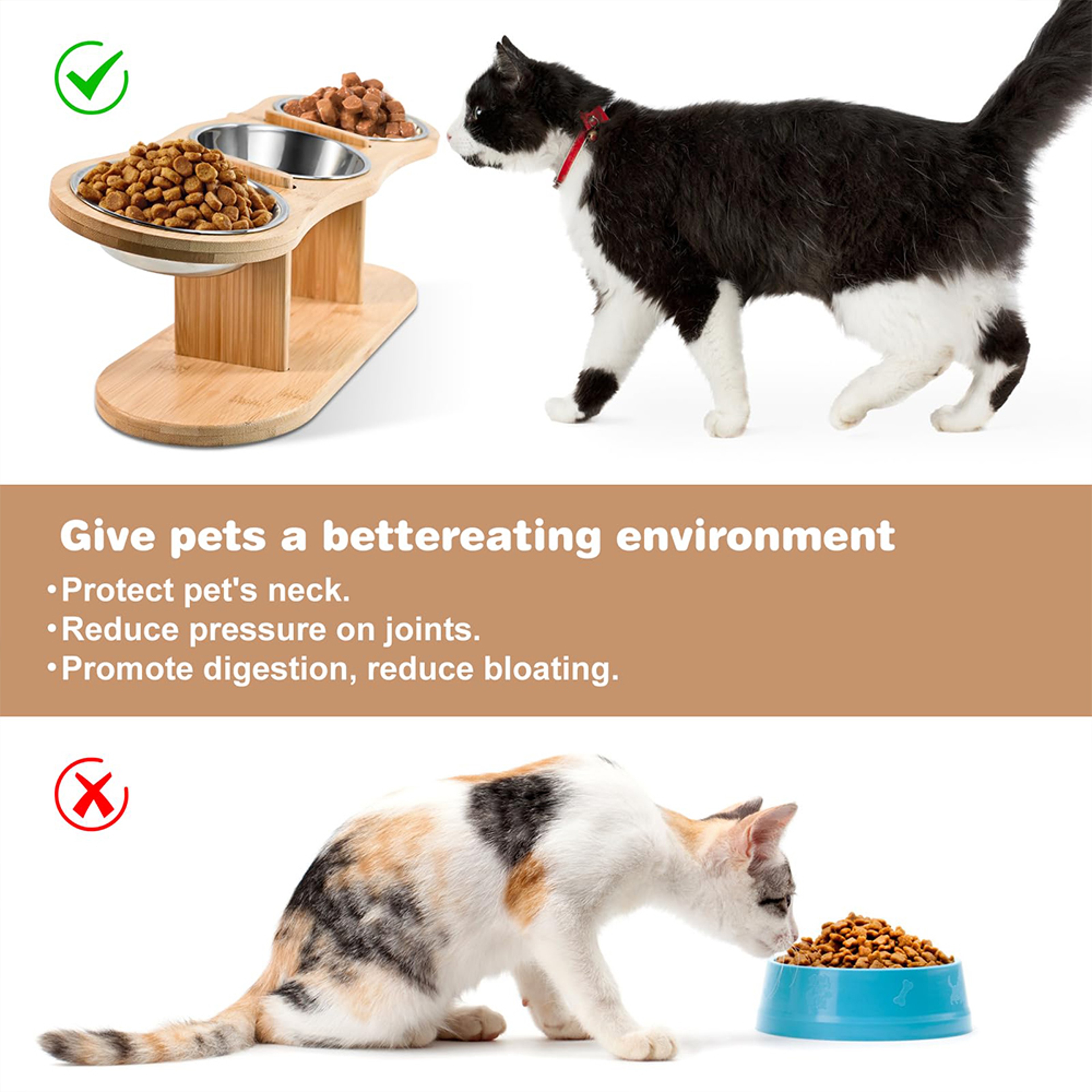 Raised Cat Feeder Stainless Steel Bowls With Wooden Stand Tilt For Comfortable Feeding 1