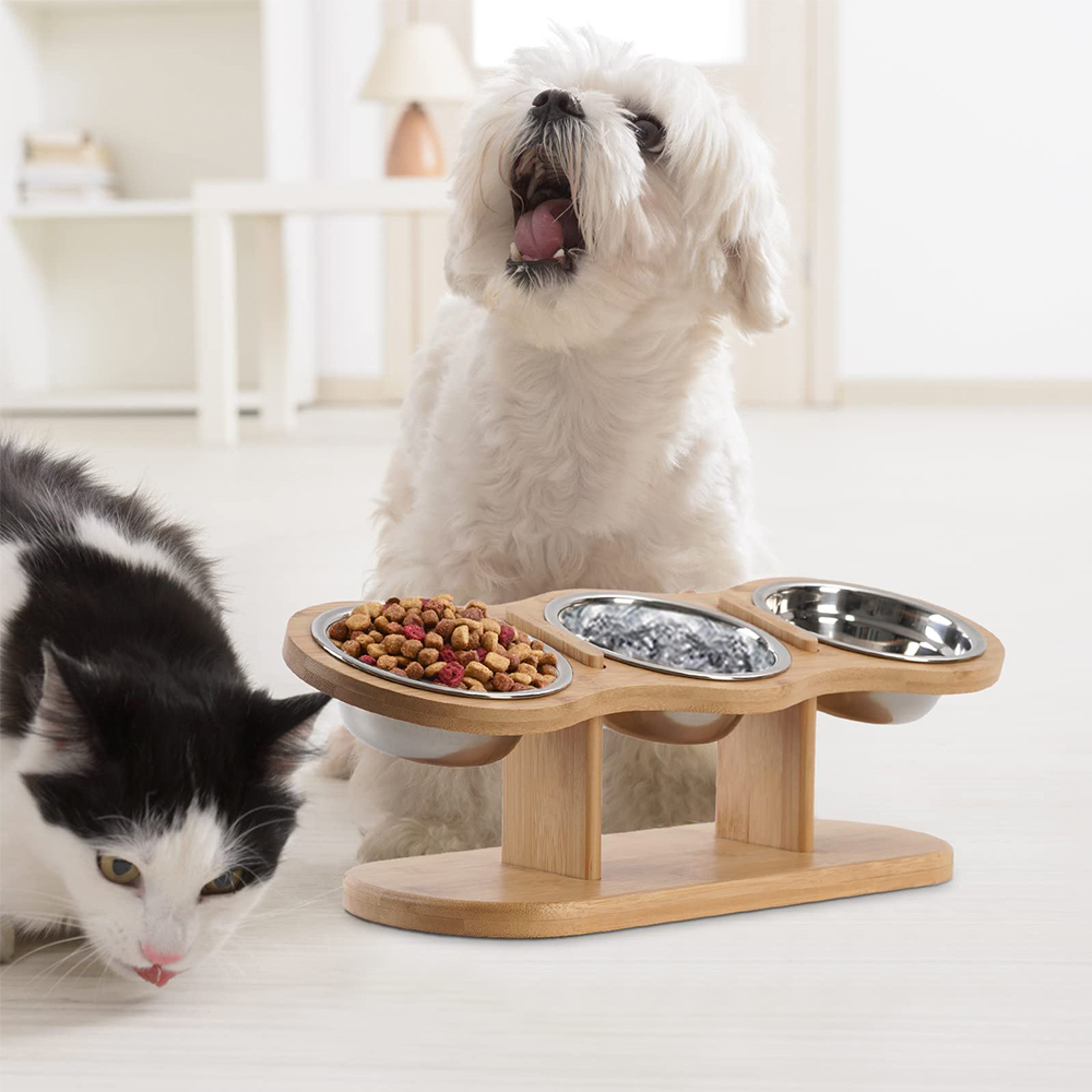 Raised Cat Feeder Stainless Steel Bowls With Wooden Stand Tilt For Comfortable Feeding 4