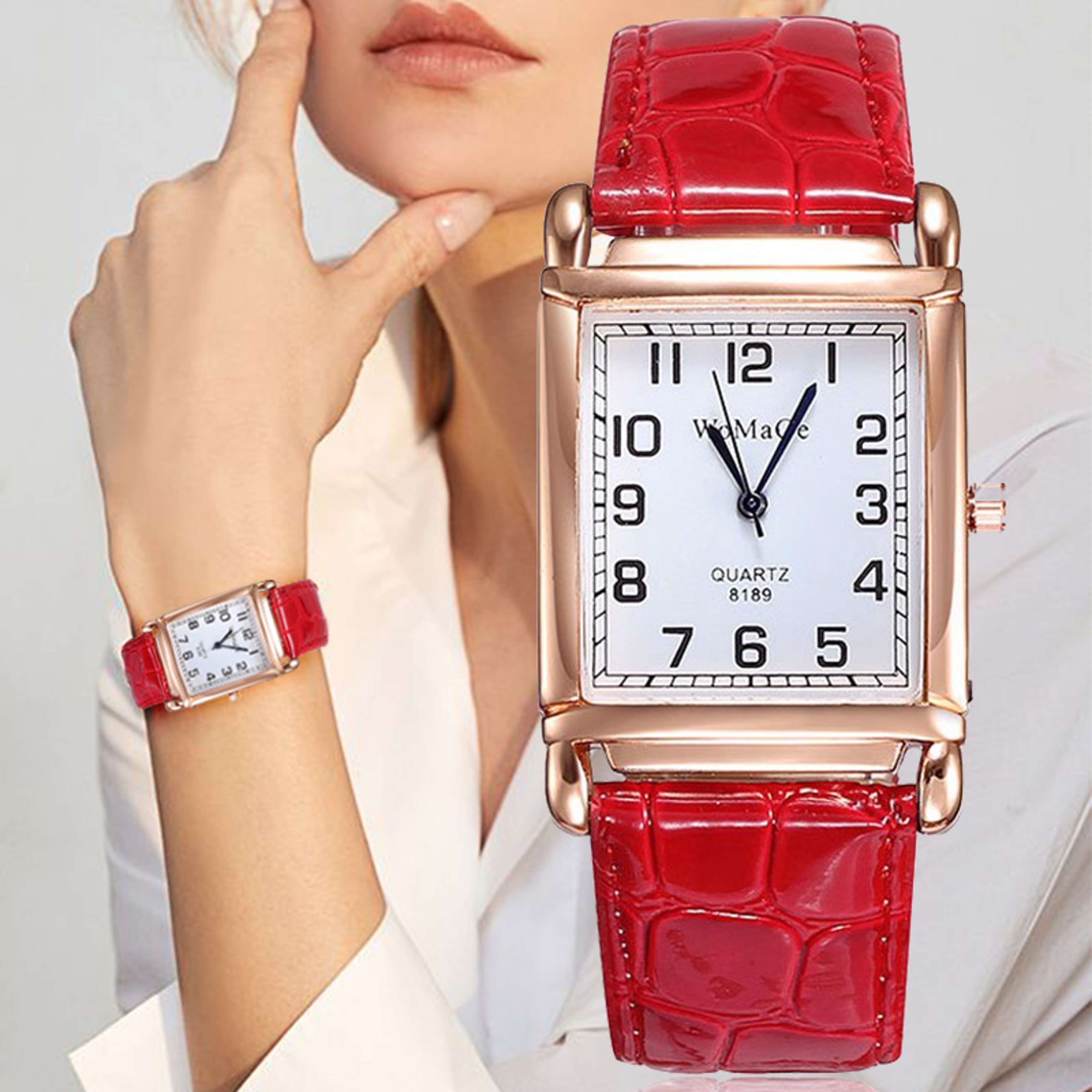 Luxury Rose Gold Square Womens Quartz Watch with Red Leather Strap – view 1