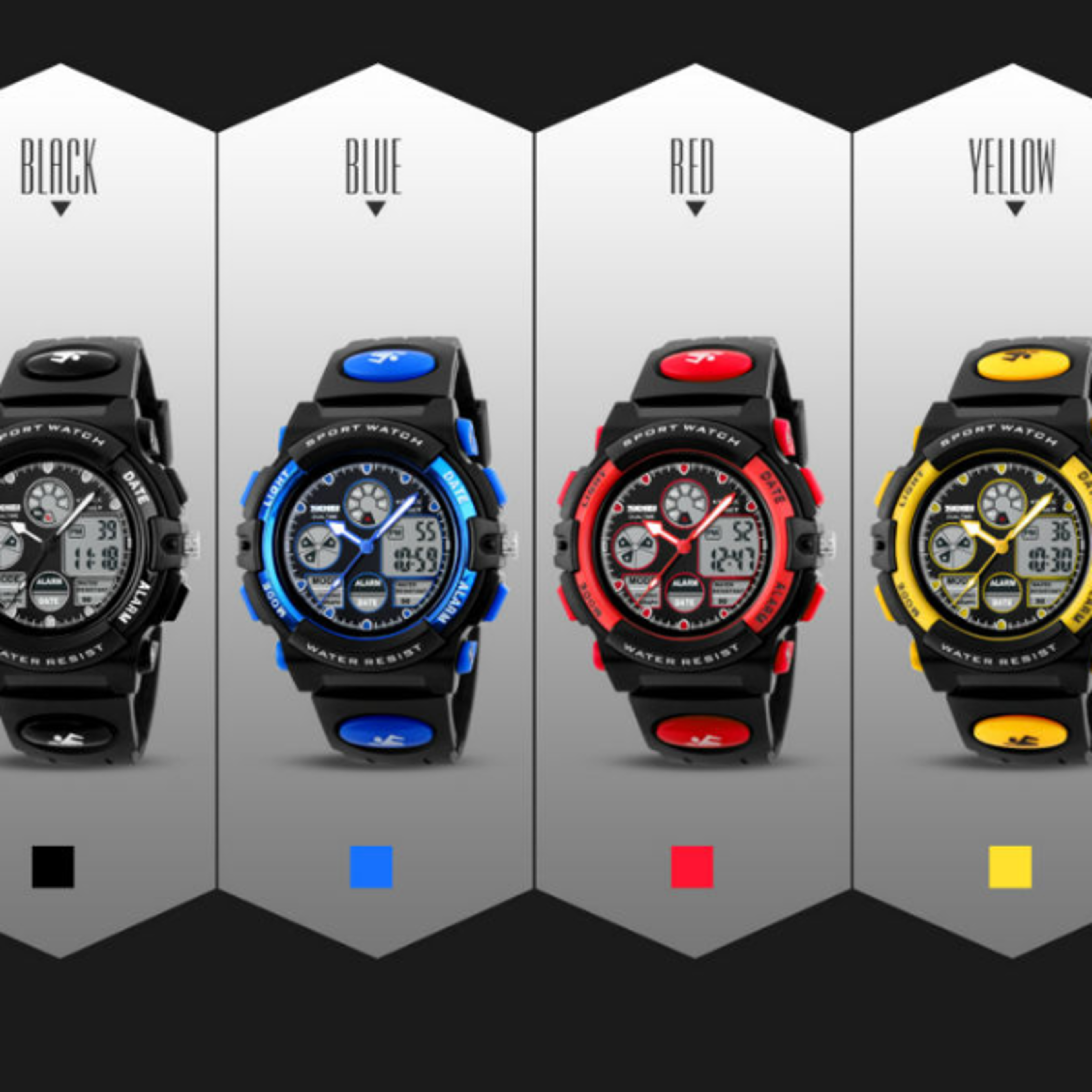 Dual Time Display Sports Kids Watch Waterproof Chrono Alarm Wristwatch for Boys and Girls