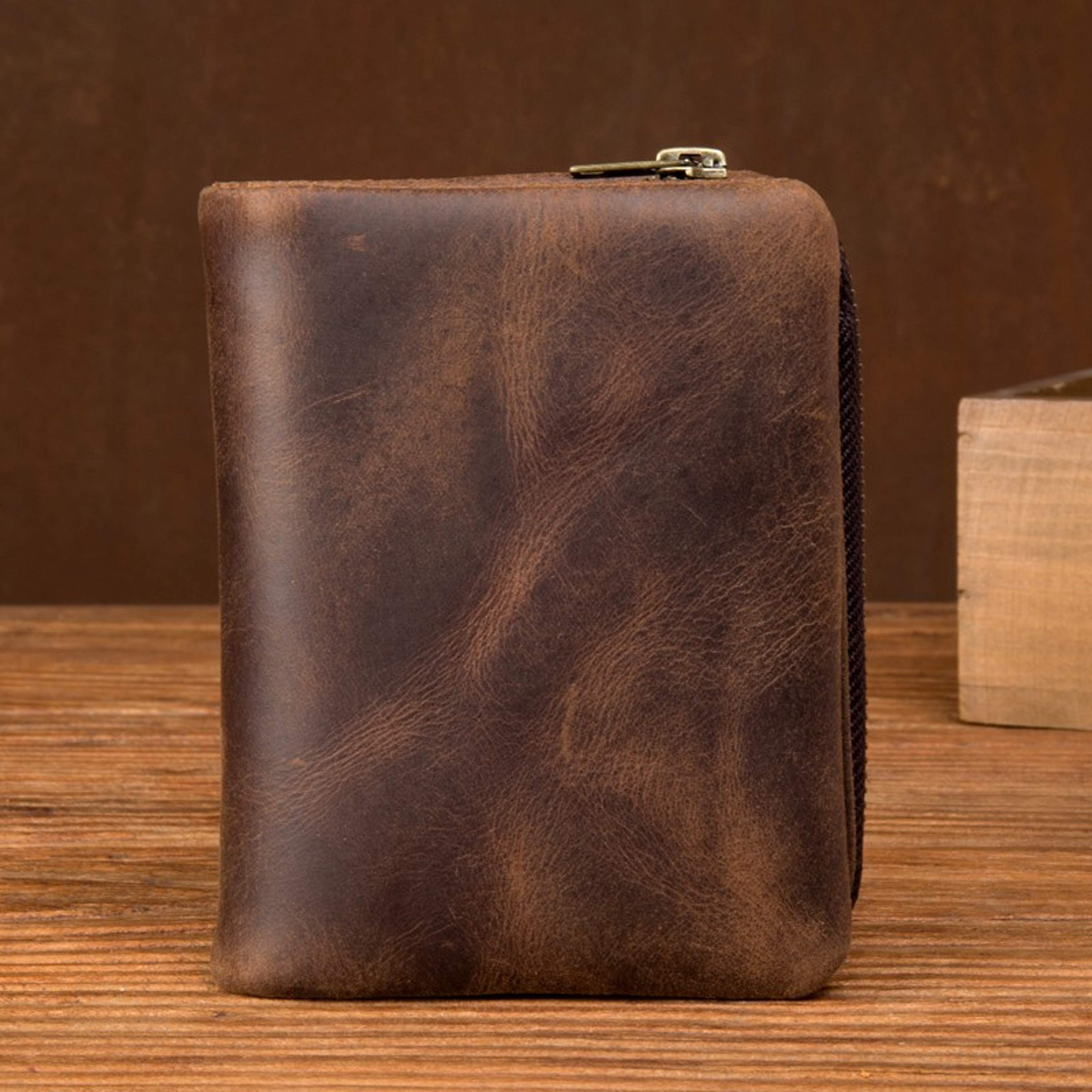 Handmade Crazy Horse Leather Wallet Retro Vertical Zipper Cowhide Wallet for Men – view 1