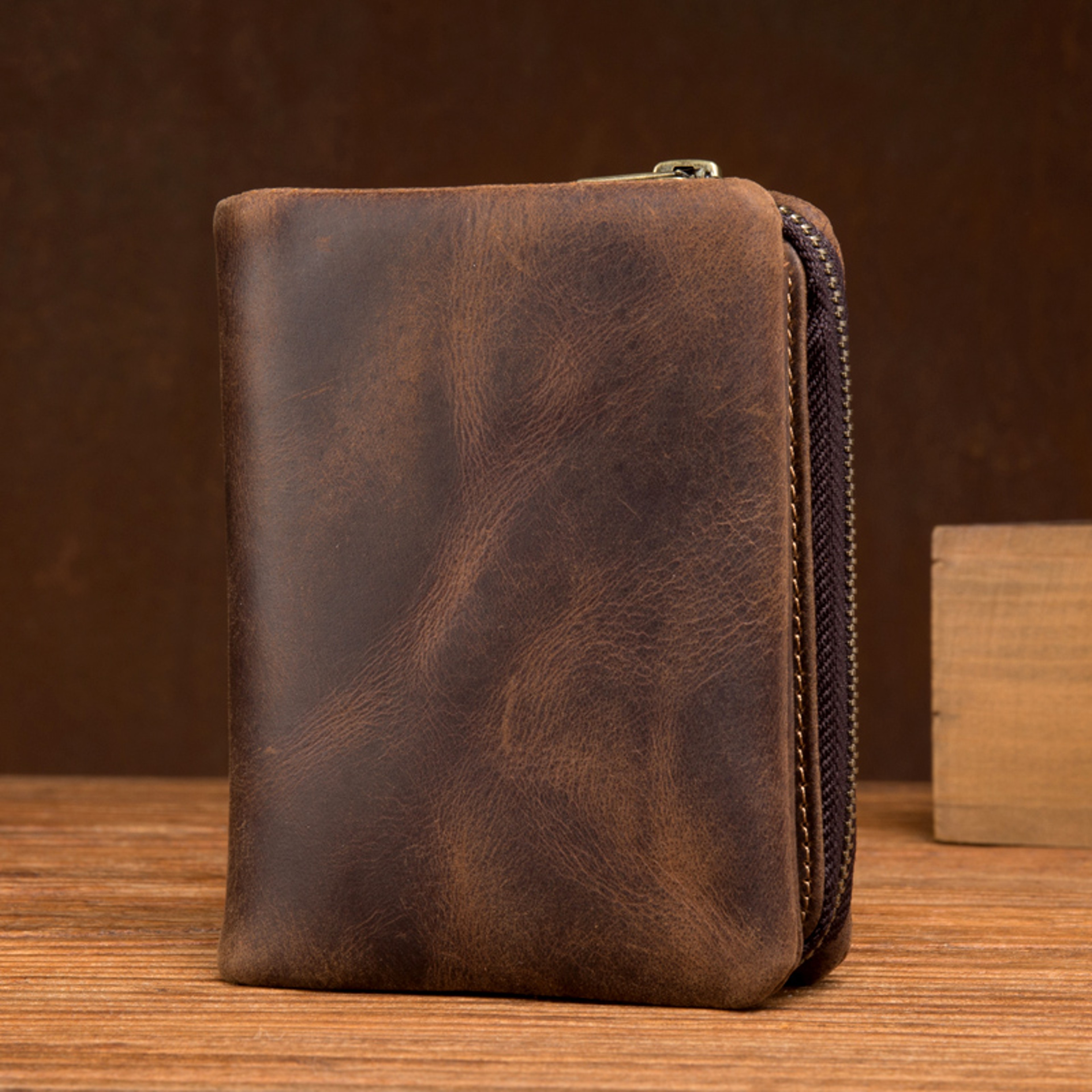 Handmade Crazy Horse Leather Wallet Retro Vertical Zipper Cowhide Wallet for Men – view 2
