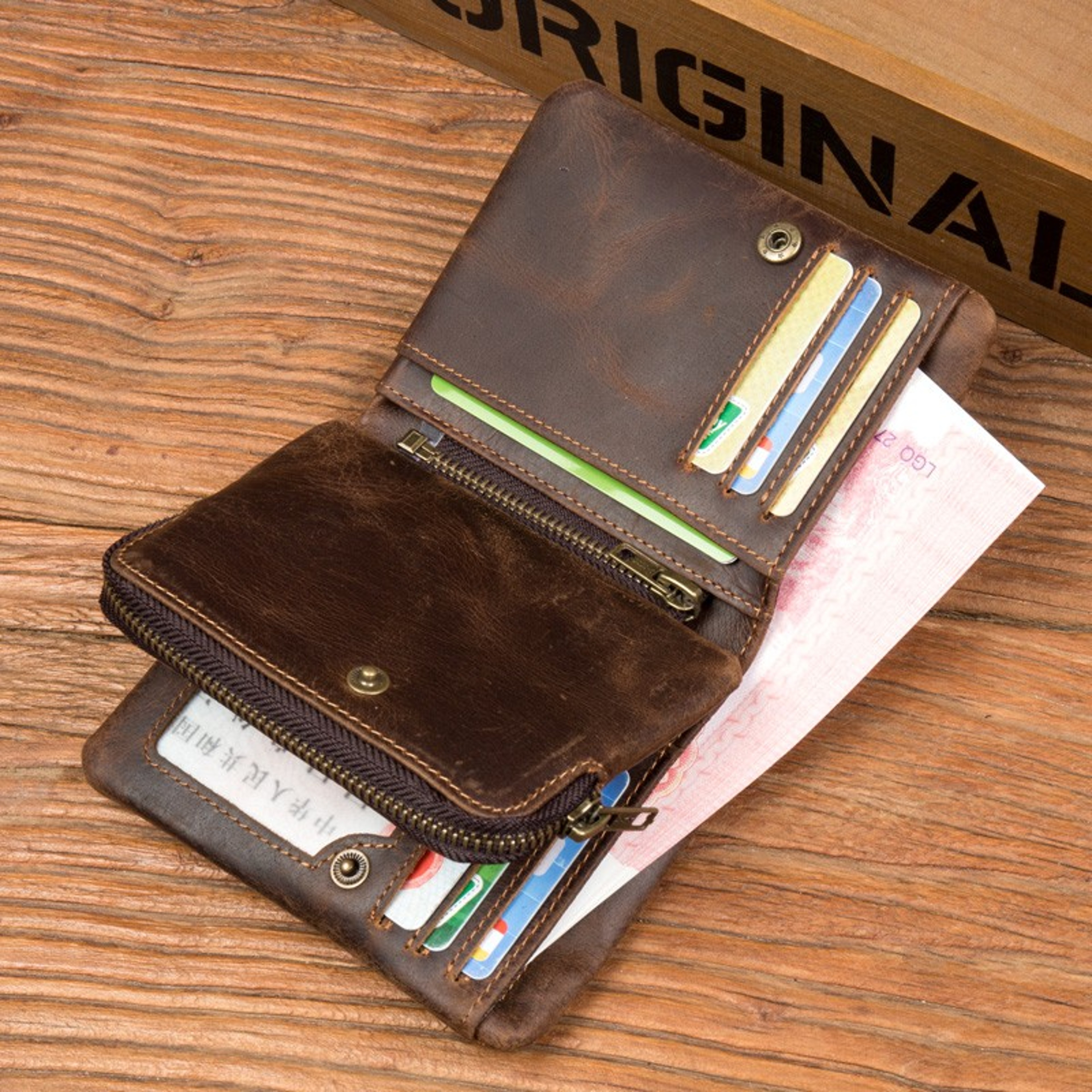 Handmade Crazy Horse Leather Wallet Retro Vertical Zipper Cowhide Wallet for Men – view 5