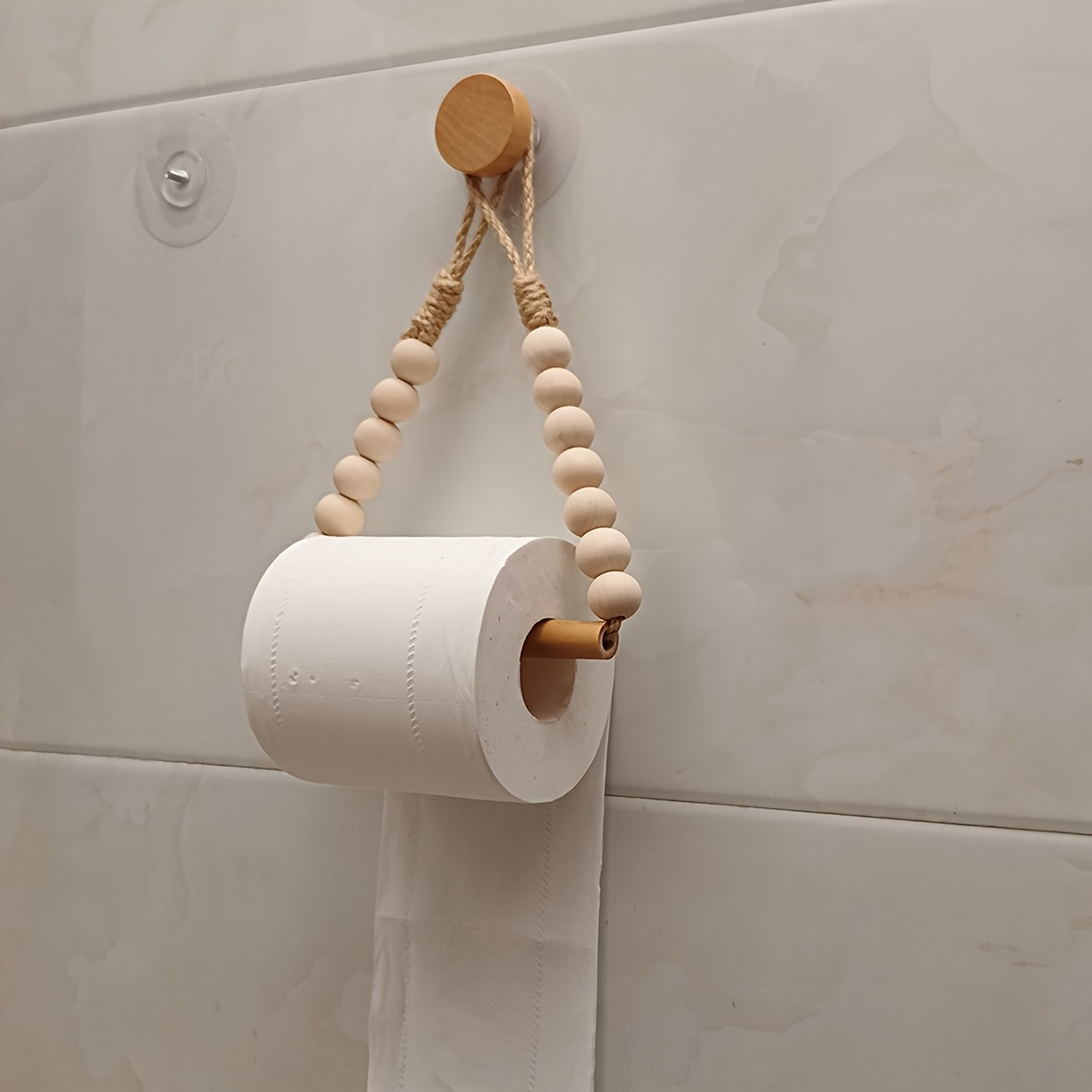 Rustic Wood No-Drill Toilet Paper Holder with Jute Cord & Beads Adhesive Wall-Mounted Paper Dispenser Organizer – view 3