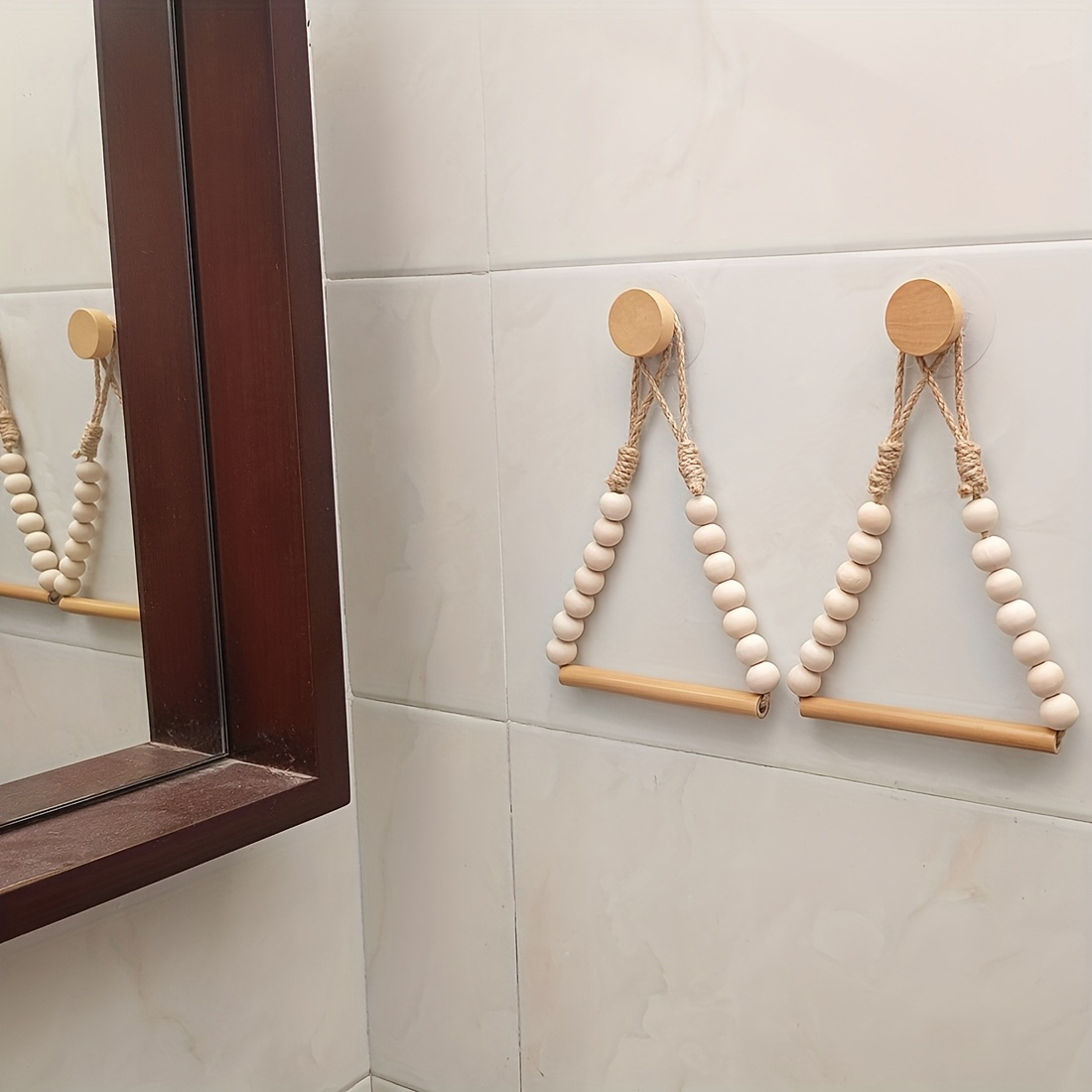 Rustic Wood No-Drill Toilet Paper Holder with Jute Cord & Beads Adhesive Wall-Mounted Paper Dispenser Organizer – view 4